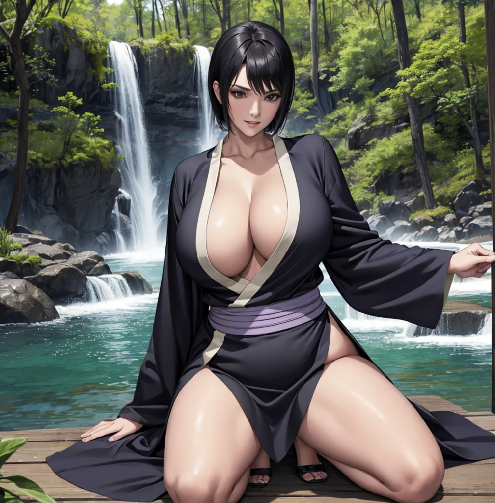 Black hair, girĺ 25 y o, short hair, black  tight kimono, navel, 8k , realistic, medium chest, hourglass figure, looking at the viewer, close-up, full body, perverted face, detailed face (clear lips and eyes), beautiful sakura forest and waterfall behind, thick thighs, blushe a litle, extrymly detailed, cyrve body, huge breasts, cheky smile