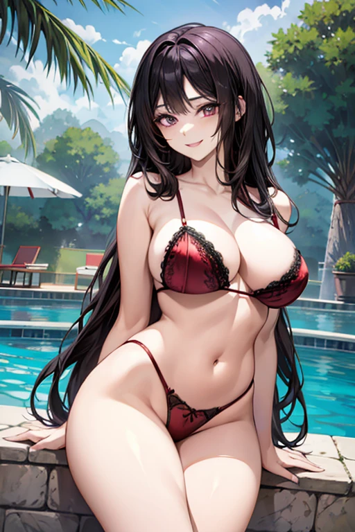 Black hair, long hair, purple eyes, sexy, large breasts, beautiful body, masterpiece, smile, ((red lingerie)), sexy lingerie, hotel swimming pool,busty, buxom, curvy, voluptuous