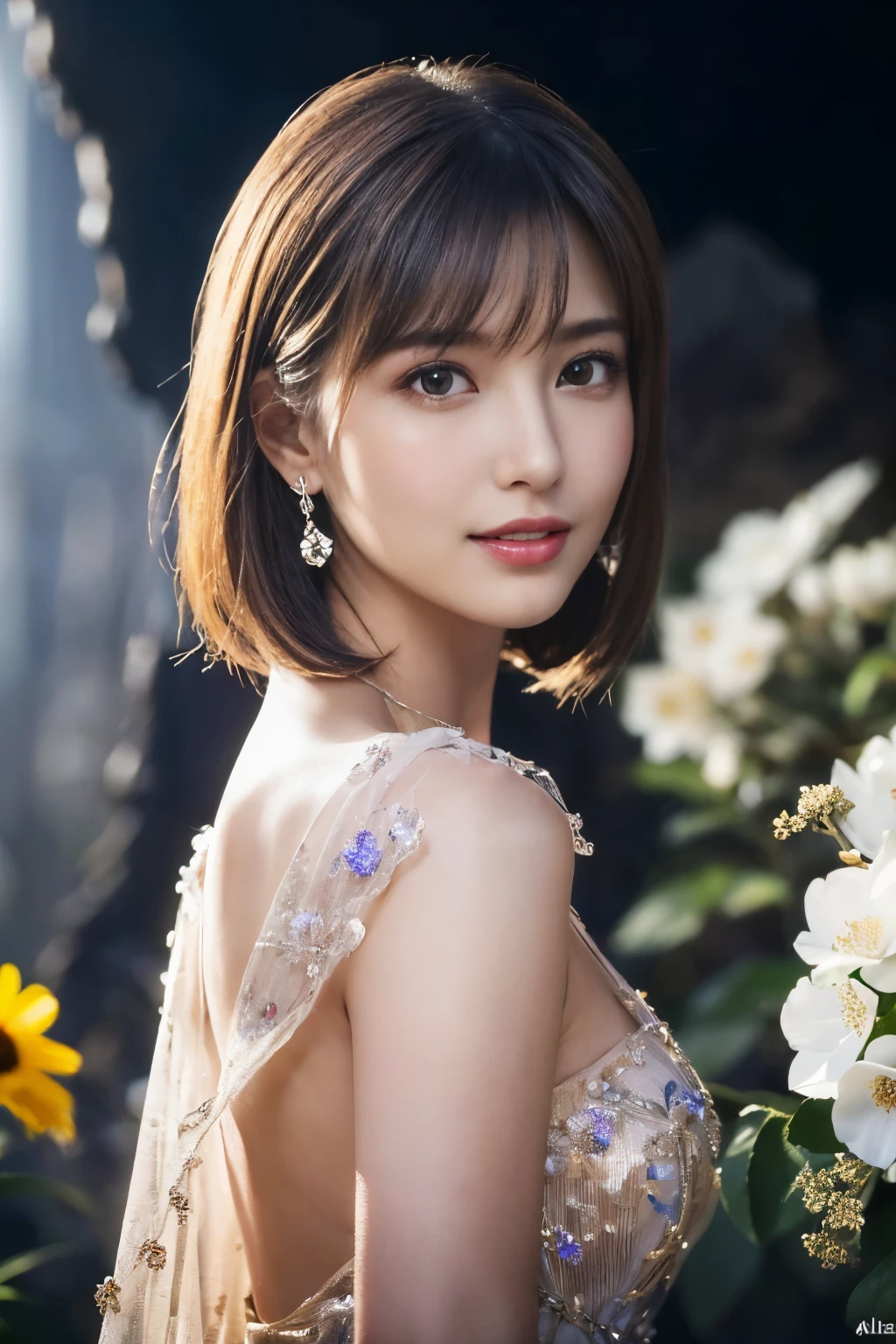 ((table top:1.4, highest quality)), (realistic pictures:1.4), 
((1 girl)), (Pure actress), (dream-like),
(超High resolution:1.2), very delicate and beautiful, wonderful, Highly detailed CG Unity 8K wallpaper, Super detailed, High resolution, 
soft light, beautiful detailed girl, highly detailed eyes and face, beautifully detailed nose, beautiful and detailed eyes, 
(wear a gorgeous glitter dress:1.3), 
cinematic lighting, perfect anatomy, slender body, (parted bangs),
(Flower garden blooming in a cave:1.3), (Flowers blooming all over in the darkness々the brilliance of:1.5), (Light and dark emphasis), (fantastic beauty),
cowboy shot, looking at the viewer, (smile)
