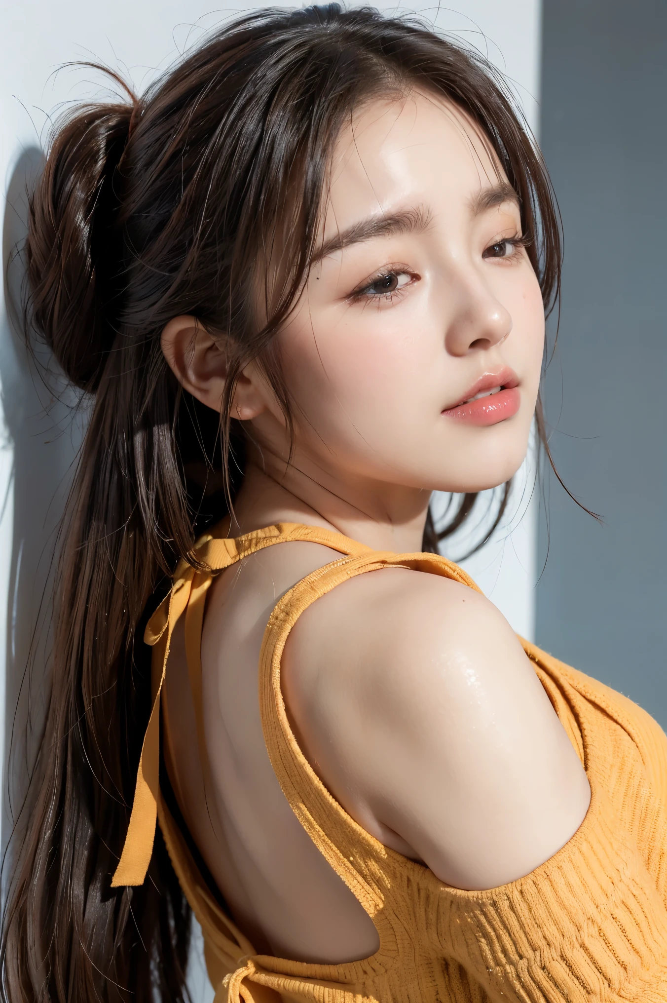 Ulchan-6500-v1.1, (Raw photo:1.2), (realistic:1.4), beautiful detailed girl, that&#39;ridiculous, 信じられないほどridiculous, huge file size, High resolution,1 girl, , ((Super detailed)), ((dynamic pose))), (camel toe), (half), (open your mouth)),((droopy eyes)),((round face)),((curl the inside of the hair)), deep joy、Severe pain、ecstatic eyes:1.2）,(view from above:1.5）, Desperate, I feel like crying, exclamation mark、climax expression、((open your eyes, endure hard:1.5)), （looking at the viewer：1.1),(((Upper body)))、surprised,(((put your arms behind your back)))