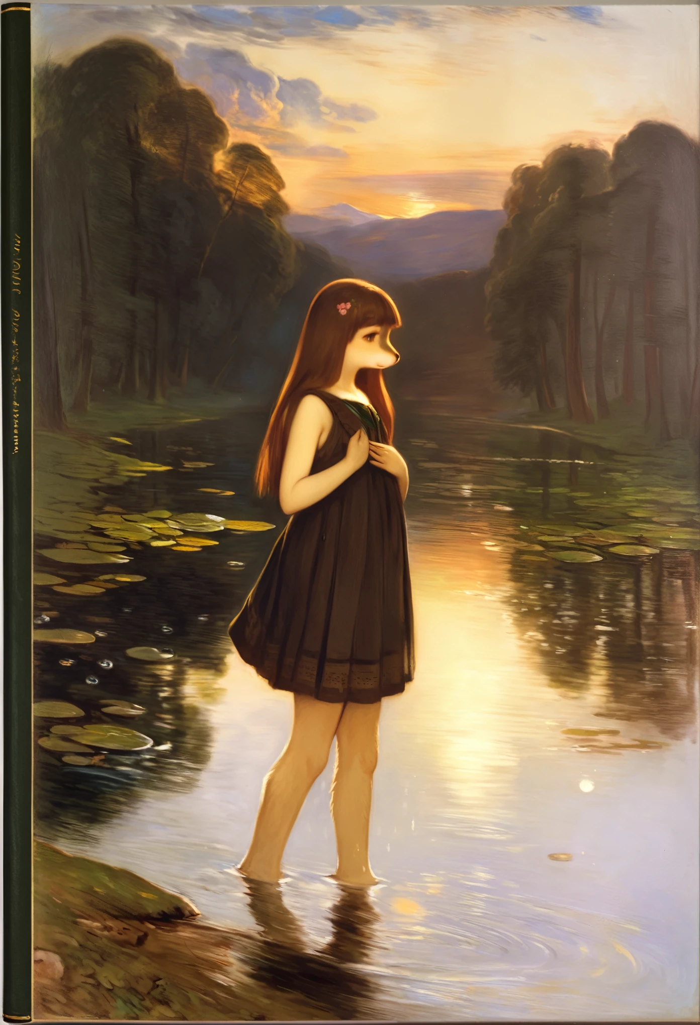 High-quality illustrations by John William Waterhouse, by Sir John Everett Millais, cover_page, highres, absurdres, detailed background, lake, dawn, detailed forest, clouds, Mysterious and romantic atmosphere, caustics surface(refraction, polarization:1.2)perfect anatomy(cute 1girl, single:1.4, kemono, solo focus, boy)volumetric lighting, Wet clothes, Water droplets, (furry anthro:1.7)(Furry body, dog facial features, dog body features)(very detailed body fur)full body, soft and delicate color palette, dramatic composition, deep shadow, dynamic lighting,