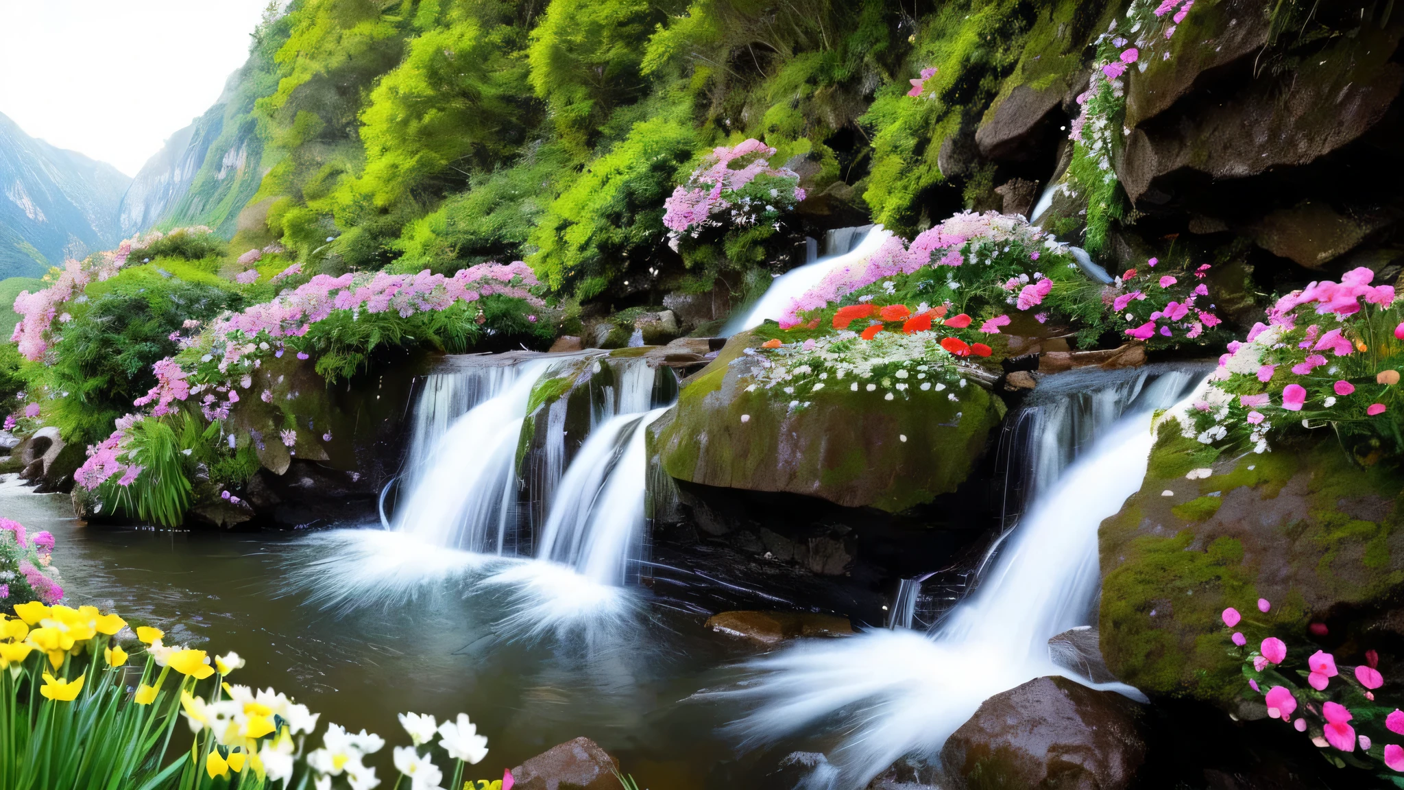 a close up of a waterfall with a bunch of flowers on it, flowers and waterfalls, peaceful beautiful waterfall, beautiful stunning waterfall, waterfalls and lakes, beautiful waterfall, stunning waterfall, floating waterfalls, beautiful nature, lakes and waterfalls, pink waterfalls, waterfall backdrop, with waterfalls and river, cascading, waterfalls, cascading waterfalls, beautiful wallpaper, stunning scene