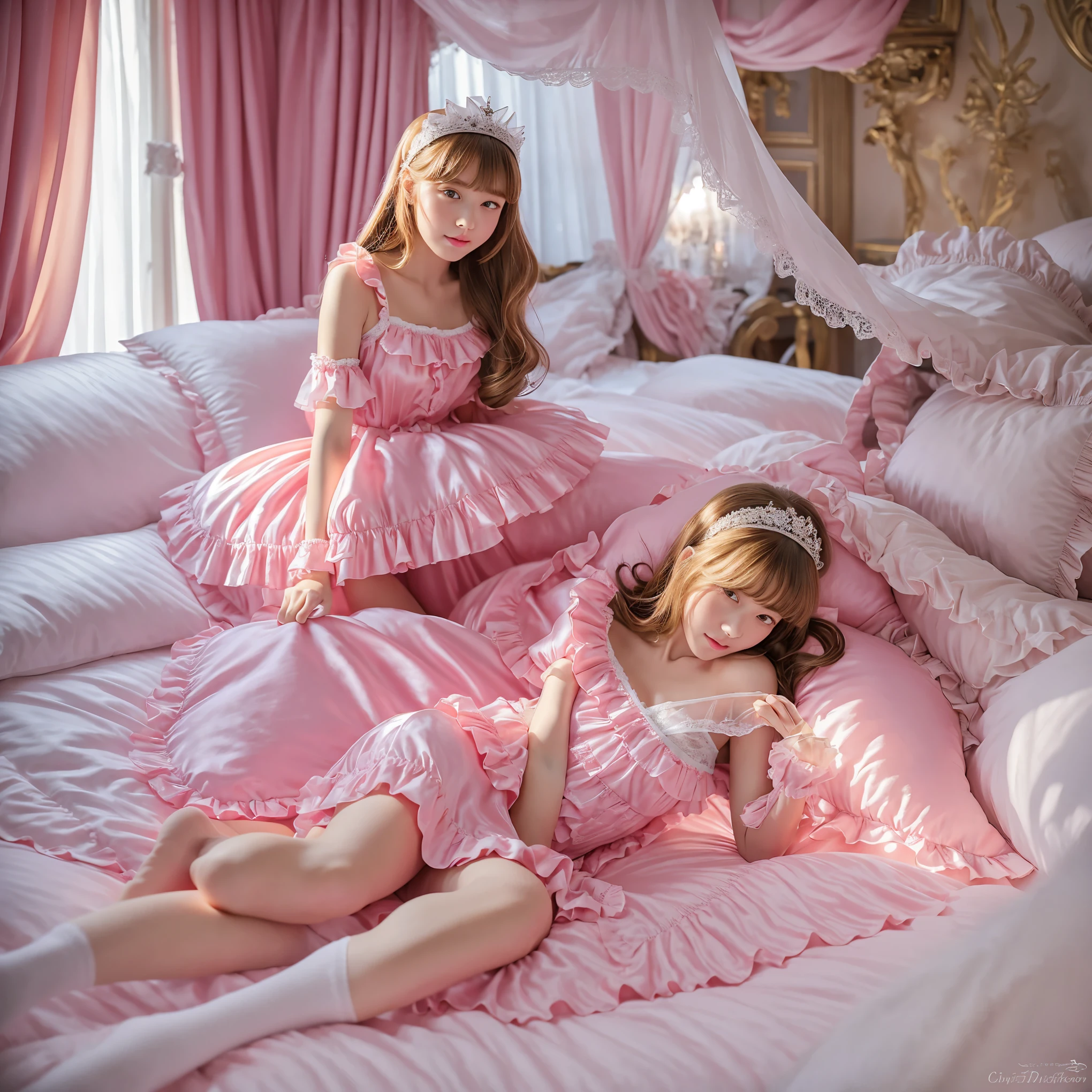 ,highest quality, masterpiece, highest resolution, artwork, super それにget used to it, many get used to it, get used to it, それにget used to it, 3K realistic photos,,((10 year old s)),Super detailed baby face,the girl is a princess,detailed luxury tiara,ruffle yoke collar,Finely woven ribbon on the chest,puff sleeves,long sleeve,((ロリータスタイルのホッンクのロングスカートのワンピースのpajamas、Comes with lots of frills and ribbons。)),crazy'colorful fashion,光沢のあるシルクサテンのpajamas,1920s style long skirted nightgown,headdress with frills and ribbons,soft and smooth silk satin fabric,luxury,Very long blonde hair,blue eyes,white skin european,pajamas,fine white frills and lace,Super long hair that is as tall as your body,white long socks,drawers with lots of frills,castle bedroom at night,Luxurious princess bedroom,Super long flowing hair,Above the luxurious king size bed with a huge canopy,Pink pillow with lots of frills,Silk satin pink curtains with luxurious ruffles and ribbons surround the bed,girls sitting on the bed,There are many pillows piled up on the bed,(((Both legs are completely hidden inside the skirt))),((((round futon)))),((((A large ruffled futon that covers the entire bed)))),detailed comforter,Detailed bed sheets,ruffled bed skirt,deep bed,background with depth,pajamasパーティー,happy girl,