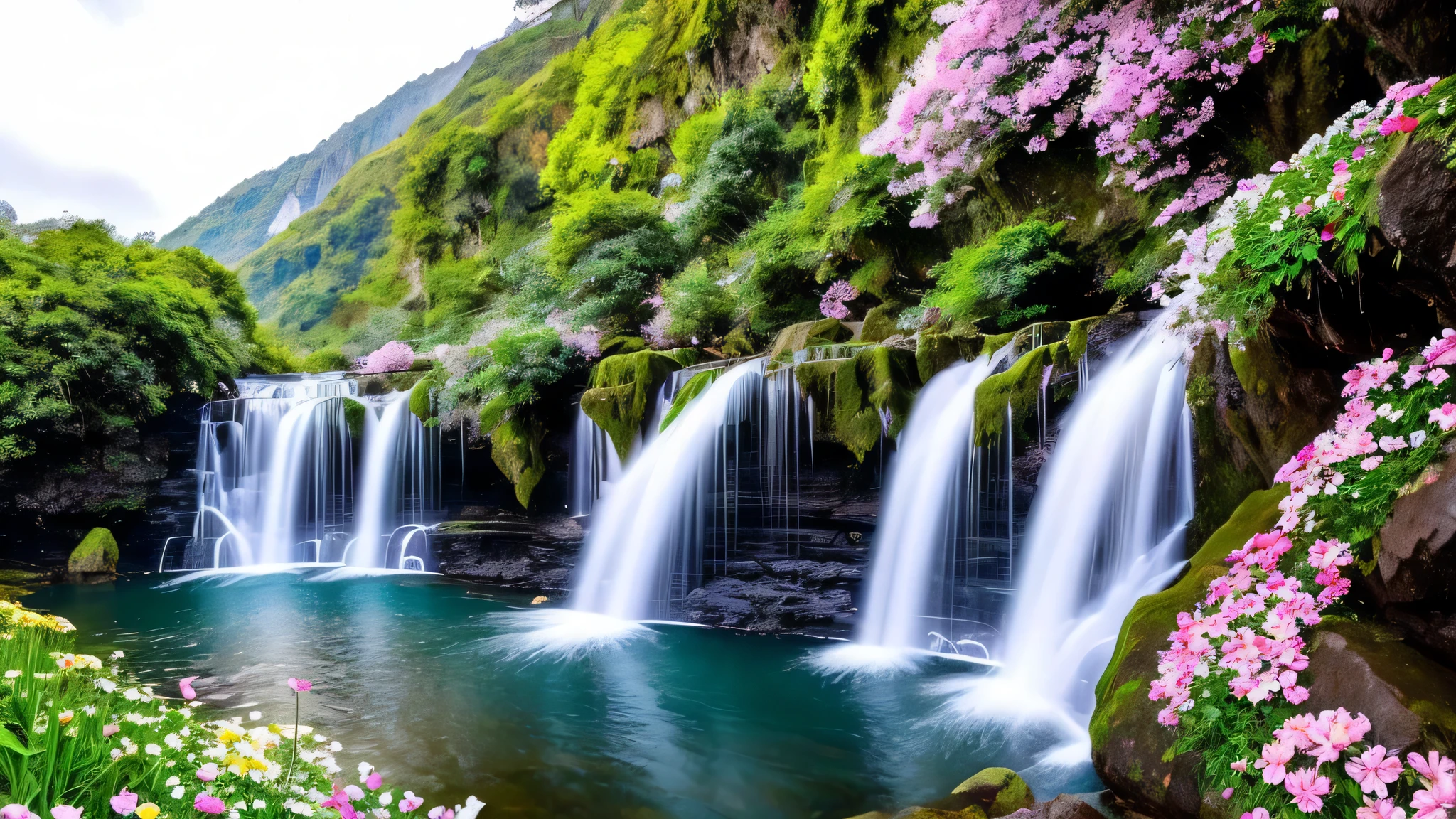 a close up of a waterfall with a bunch of flowers on it, flowers and waterfalls, peaceful beautiful waterfall, beautiful stunning waterfall, waterfalls and lakes, beautiful waterfall, stunning waterfall, floating waterfalls, beautiful nature, lakes and waterfalls, pink waterfalls, waterfall backdrop, with waterfalls and river, cascading, waterfalls, cascading waterfalls, beautiful wallpaper, stunning scene