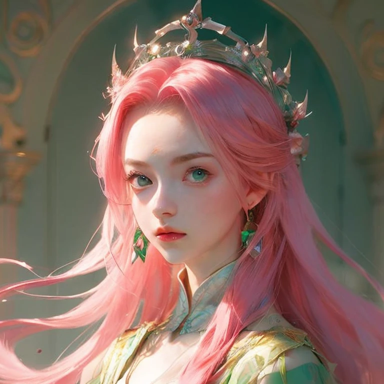 young woman, short shoulder-length pink hair, wide forehead, porcelain skin, pink eyebrows, big emerald green eyes, buttoned nose, full lips, heart-shaped face, slender body, small breasts, red tank top, Sakura Haruno , realistic, realism, details, 3d, well detailed