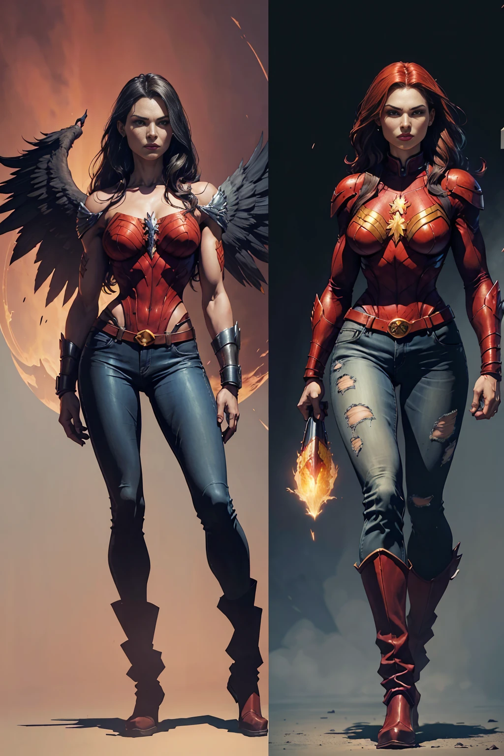 ((full-length photo, standing, feet on the ground)) (Kate Austen:1.1) of a woman with a firebird on her arm, a dark phoenix, no text, phoenix-inspired, gray jeans, artwork by a phoenix, warrior phoenix, Portrait of Jean Grey, Full-length portrait of Jean Grey, ''wallpaper of a phoenix, phoenix, she has the head of a phoenix, Art by Alessandro Pautasso, Director: Eddie Mendoza. .
.