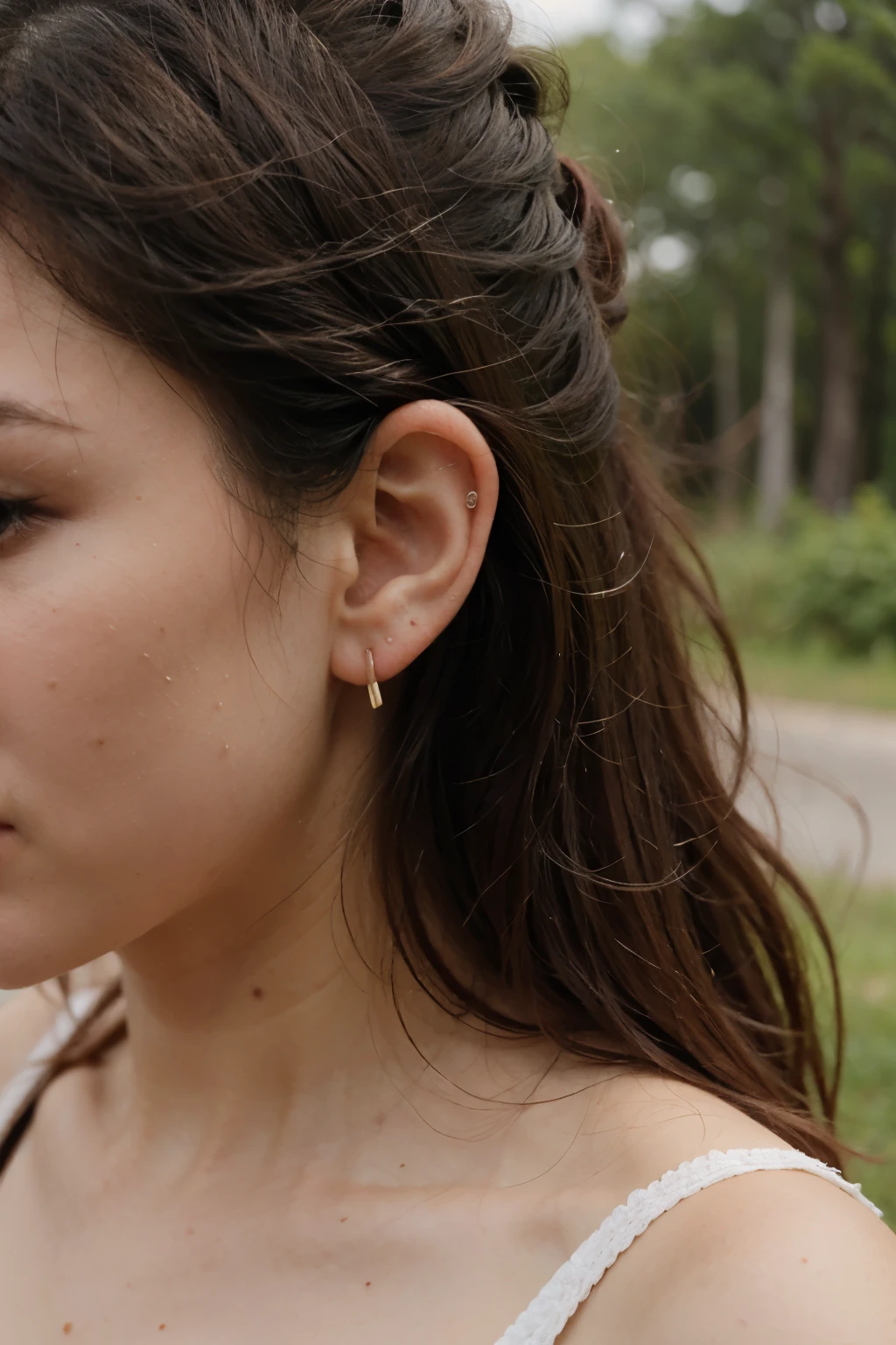 girl, 20 years old, in the nature, feeling good, acupunktur on the ear apexpoit, zoomed in on the ear