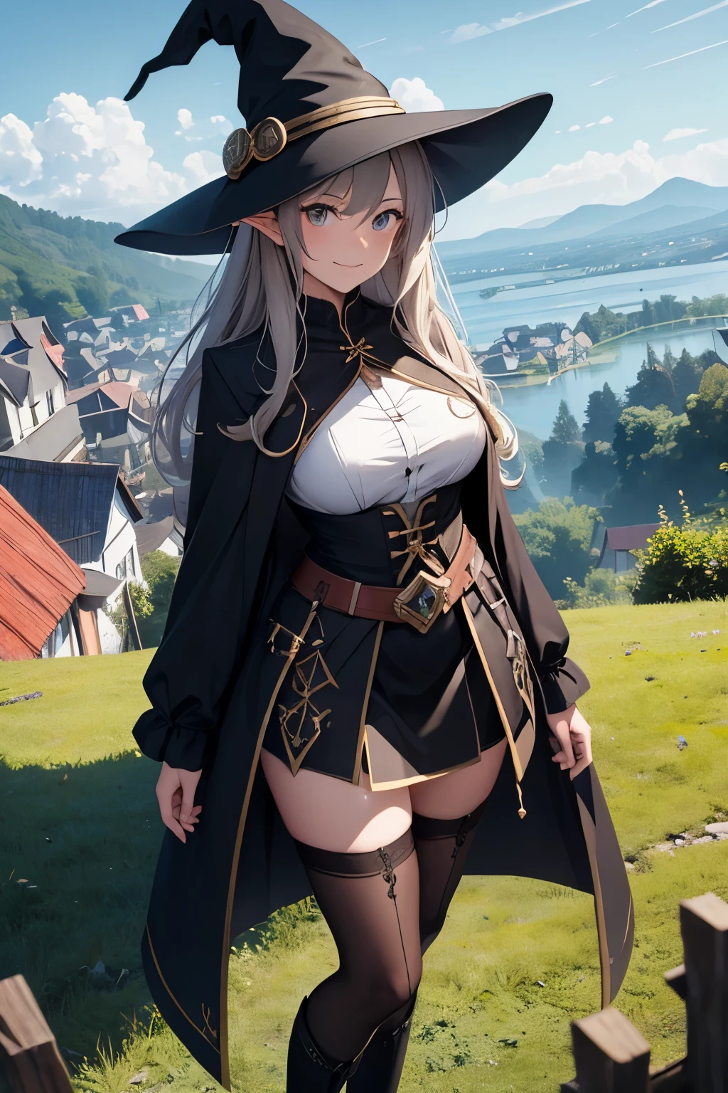 A mystical otherworldly half-timber town, Standing elf woman, Black coat, white t-shirt, a black skirt, beautiful thigh, Beautiful feet, wavy black hair, Looking at me with a mischievous smile, Black ankle boots, stockings, Large witch hat with sapphire accessories, Dark brown eyes with highlights, bronze skin, On a hilltop with a panoramic view of the town, Historic big castle, hiquality, high-level image quality
