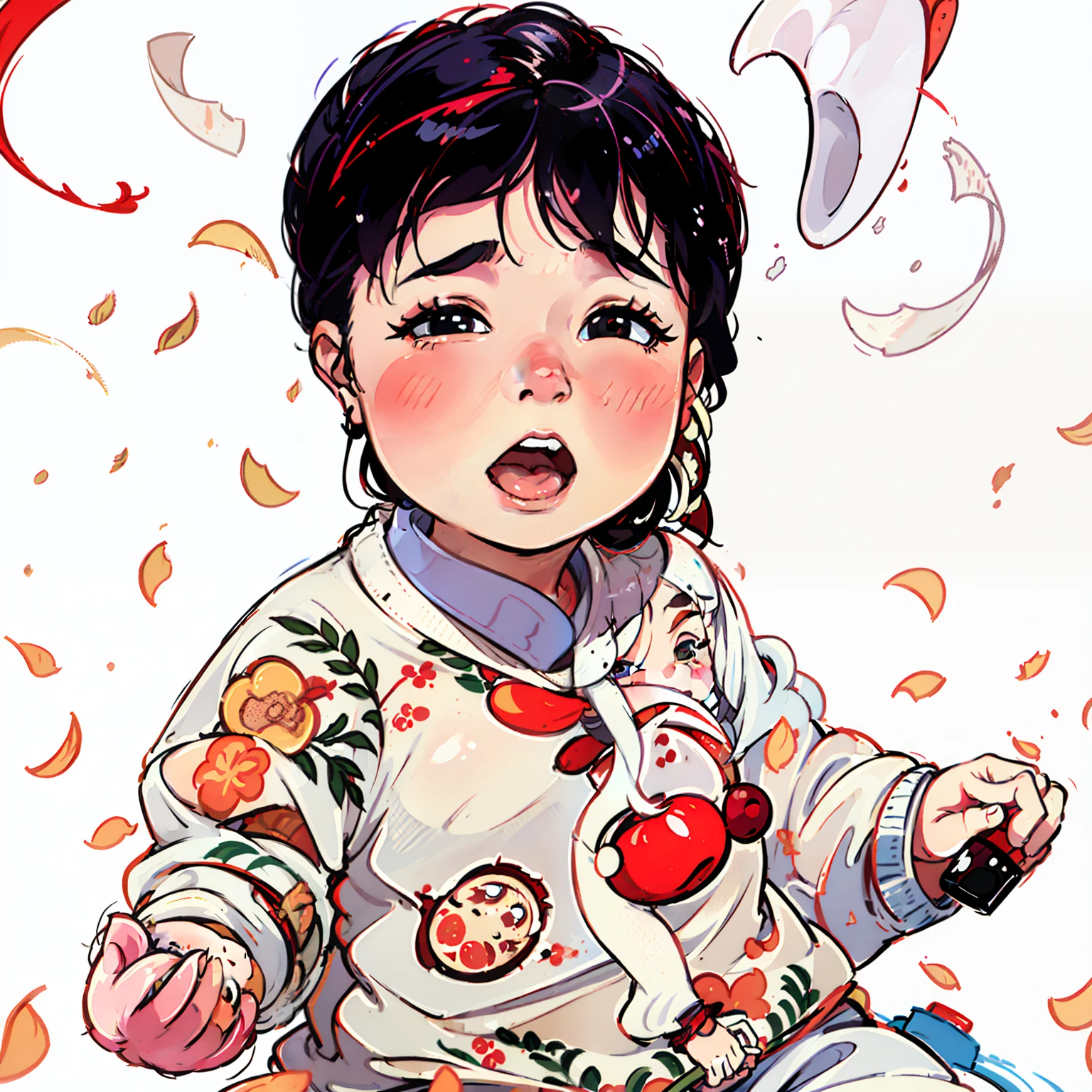 There is a baby sitting on the floor holding a remote control, wan Lovely korean face, young Lovely wan asian face, with Lovely doting eyes, shrine maiden, round cheeks, lulu chen, young Lovely korean face, she is eating peaches, apple, 🍁 Lovely, Lovely, toddler, rosy cheeks, very Lovely features, Lovely boy, innocent look