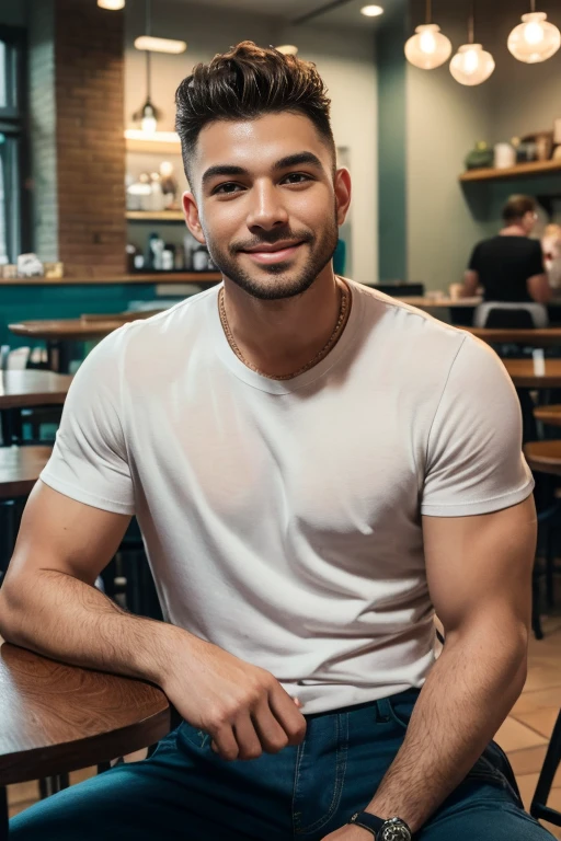 Realistic photography, man with white t-shirt posing back to camera, looking into camera, 8k, good looking nude southern man, smiling sweetly into camera, high quality, world class, sitting at the table in the cafe and drinking coffee