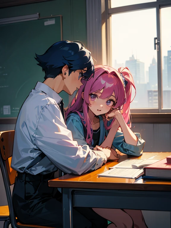 cartoon of two boys sitting at a table with a book and a backpack, ddlc, in the art style of 8 0 s anime, 9 0 s anime style, 90s anime style, in anime style, in an anime style, anime aesthetic, anime vibes, 9 0 s anime aesthetic, 9 0 s anime art style, lofi boy, typical anime classroom, beautiful background window, two cute boys, beautiful faces 