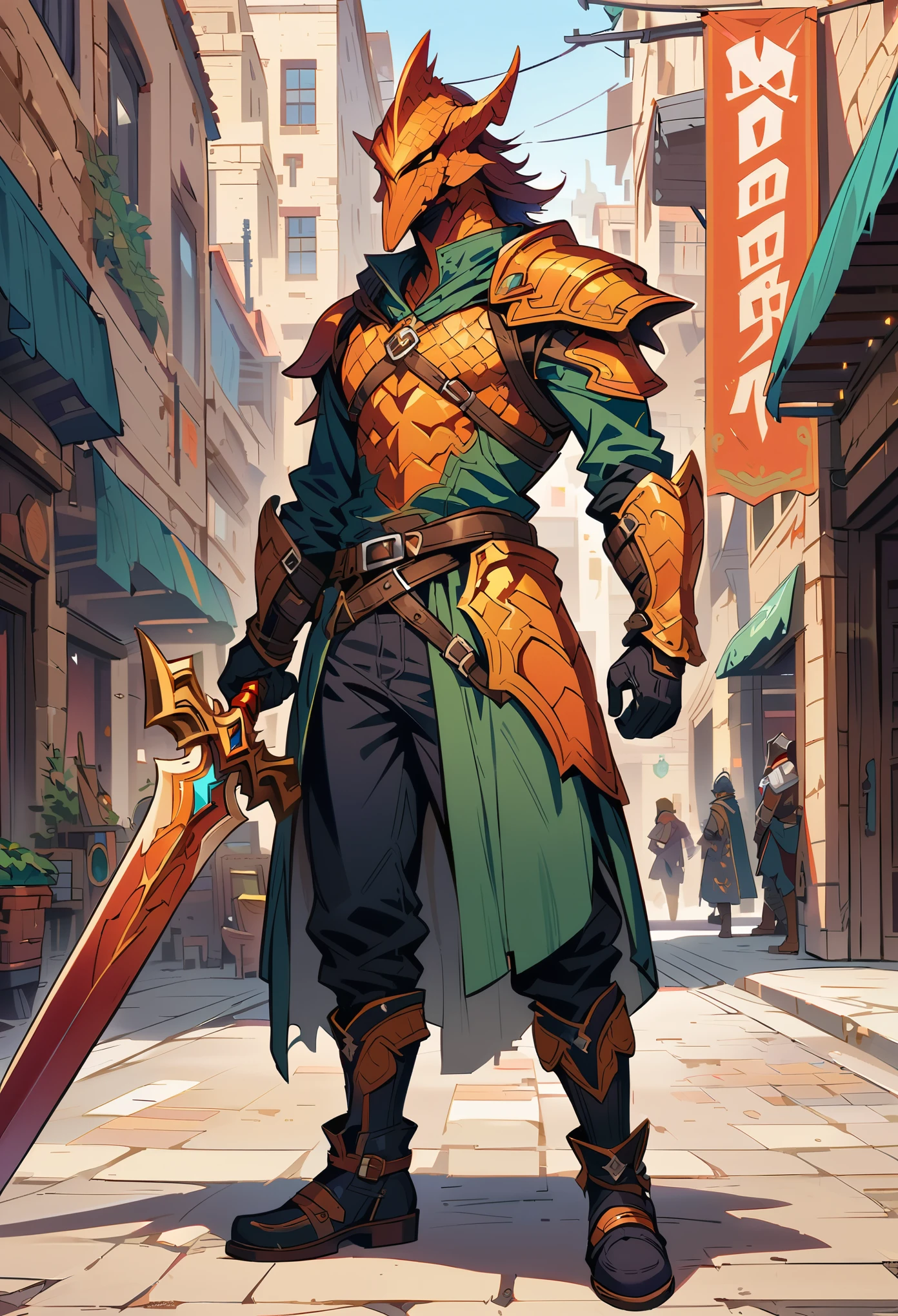 DnD character art, fantasy warrior with dragon head helmet and orange scales holding sword in hand standing on city street, green , black leather gloves, high details, in the style of fantasy.