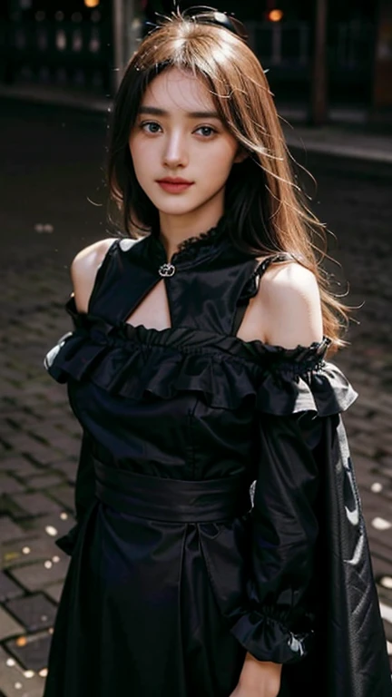 portrait,from behind,looking_back,looking_at_viewer,stare,2b,long_sleeves,gloves,dress,cleavage,black_gloves,puffy_sleeves,black_thighhighs,mole,black_dress,clothing_cutout,cleavage_cutout,black_hairband,juliet_sleeves,(mole_under_mouth:0.8),(blindfold:0.8),vambraces,(covered_eyes:0.8),(black_blindfold:0.8),