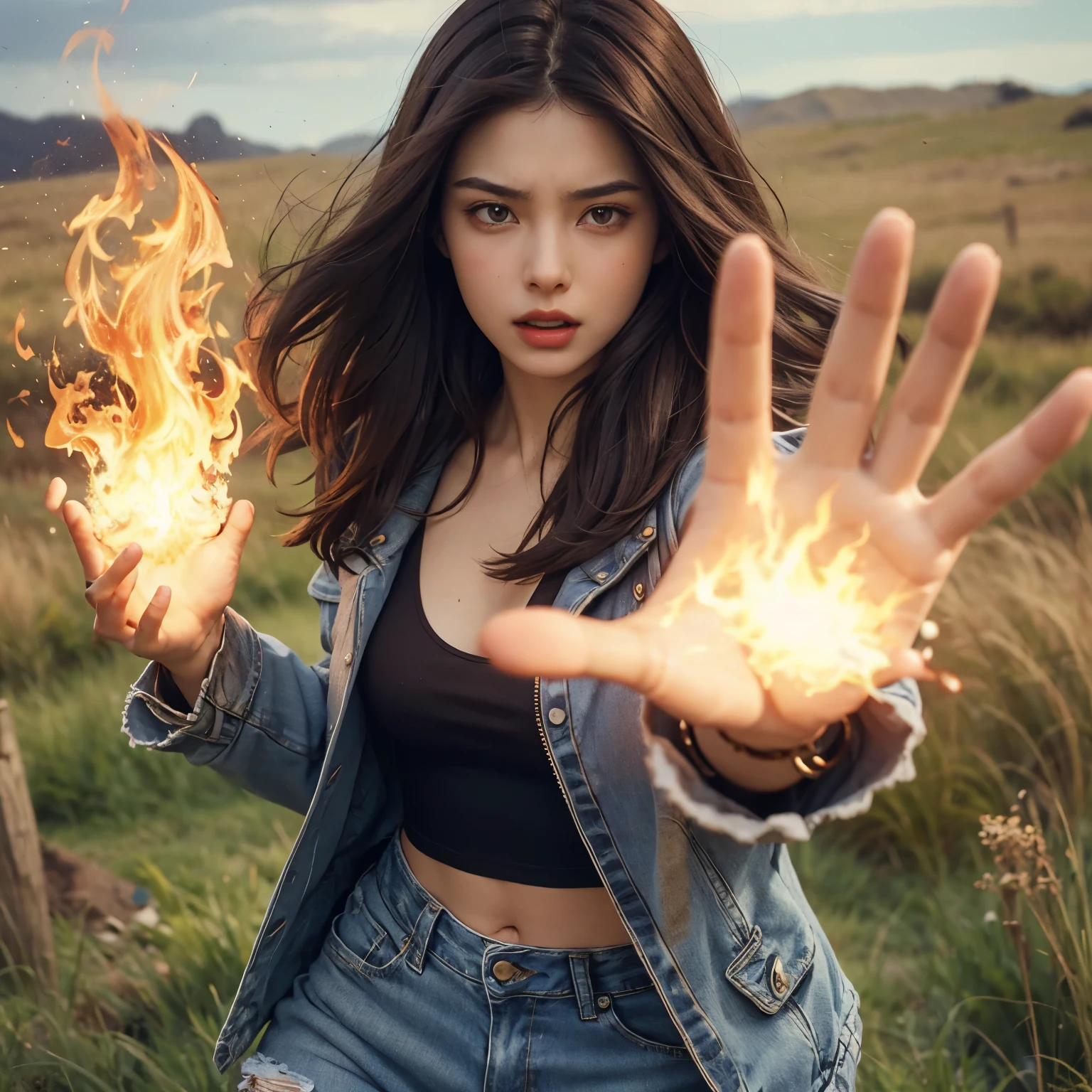 A beautiful twenty-year-old woman with dark brown hair, an angry expression, extending one palm forward with magical flames being produced in it. She is standing in a grassland, wearing blue jeans and a jacket.