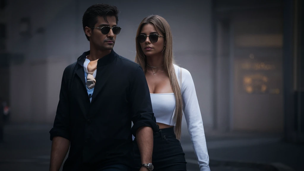 there are two people walking together on the city street, pose de casal, medium shot of two people looking this way, renderizar, 8K sensual lighting, tons escuros, na cidade, Na rua, with sunglasses,detalhado e realista