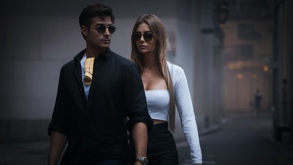 there are two people walking together on the city street, pose de casal, medium shot of two people looking this way, renderizar, 8K sensual lighting, tons escuros, na cidade, Na rua, with sunglasses,detalhado e realista