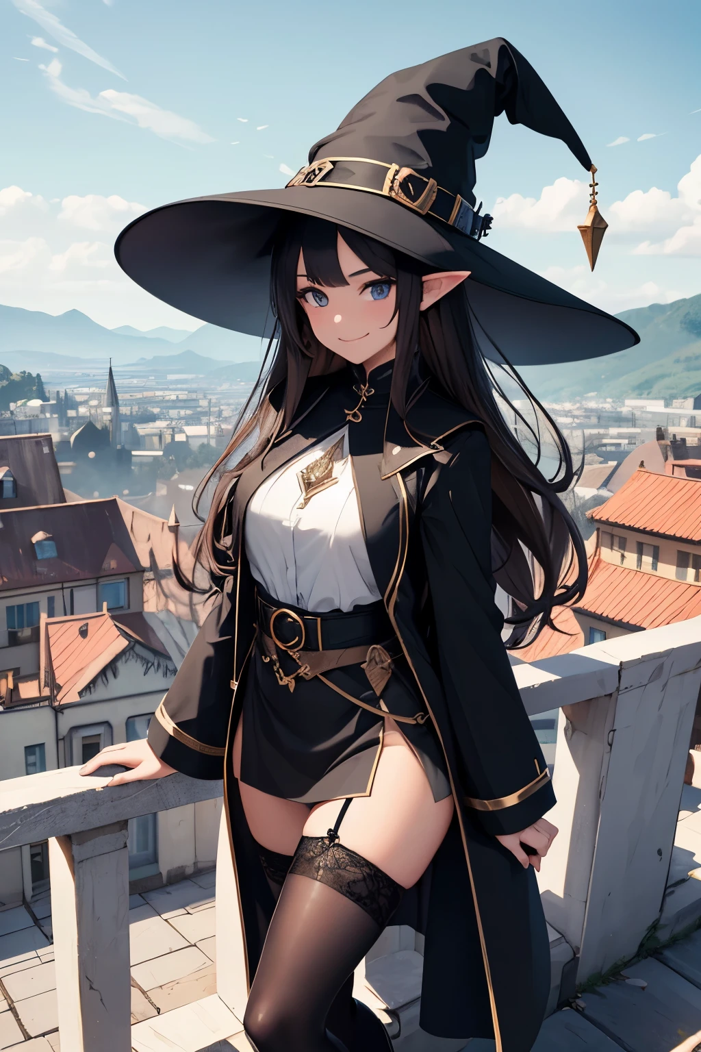 A mystical otherworldly half-timber town, Standing elf woman, Black coat, white t-shirt, a black skirt, beautiful thigh, Beautiful feet, wavy black hair, Looking at me with a mischievous smile, Black ankle boots, stockings, Large witch hat with sapphire accessories, Dark brown eyes with highlights, bronze skin, On a hilltop with a panoramic view of the town, Historic big castle, hiquality, high-level image quality