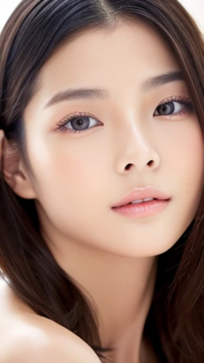 Beautiful Chinese girl with nude lips looks to the camera. Stunning asian girl. Young beautiful woman with a healthy clean skin. Symmetric face, symmetric eyes. Pretty woman with bright makeup of eyes.