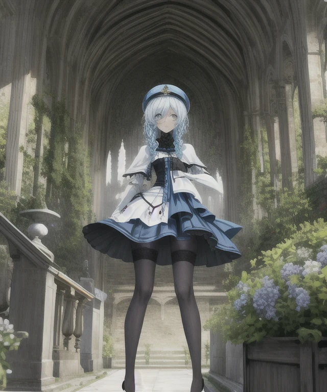 Ton \(Stil), nur konzentrieren, Vordergrundfokus, 1girl, Kleid, Haube, Maske, Hohle Augen, Haube up, blue Kleid, Hair over one eye, pinkes Haar, lange Haare, Thigh stockings, Sleeves to fingers, Sleeves past the wrists, big , (Hand auf dem eigenen Oberschenkel, Sitzung)