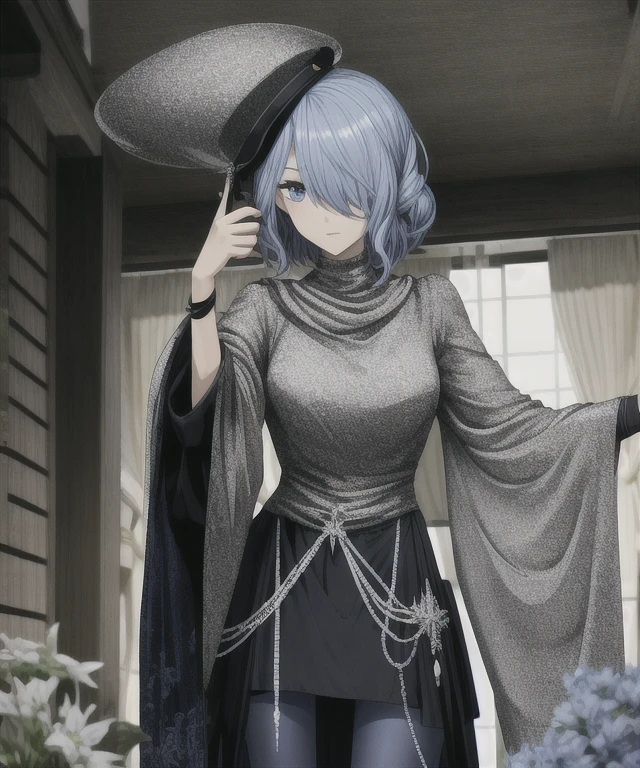 Ton \(Stil), nur konzentrieren, Vordergrundfokus, 1girl, Kleid, Haube, Maske, Hohle Augen, Haube up, blue Kleid, Hair over one eye, pinkes Haar, lange Haare, Thigh stockings, Sleeves to fingers, Sleeves past the wrists, big , (Hand auf dem eigenen Oberschenkel, Sitzung)
