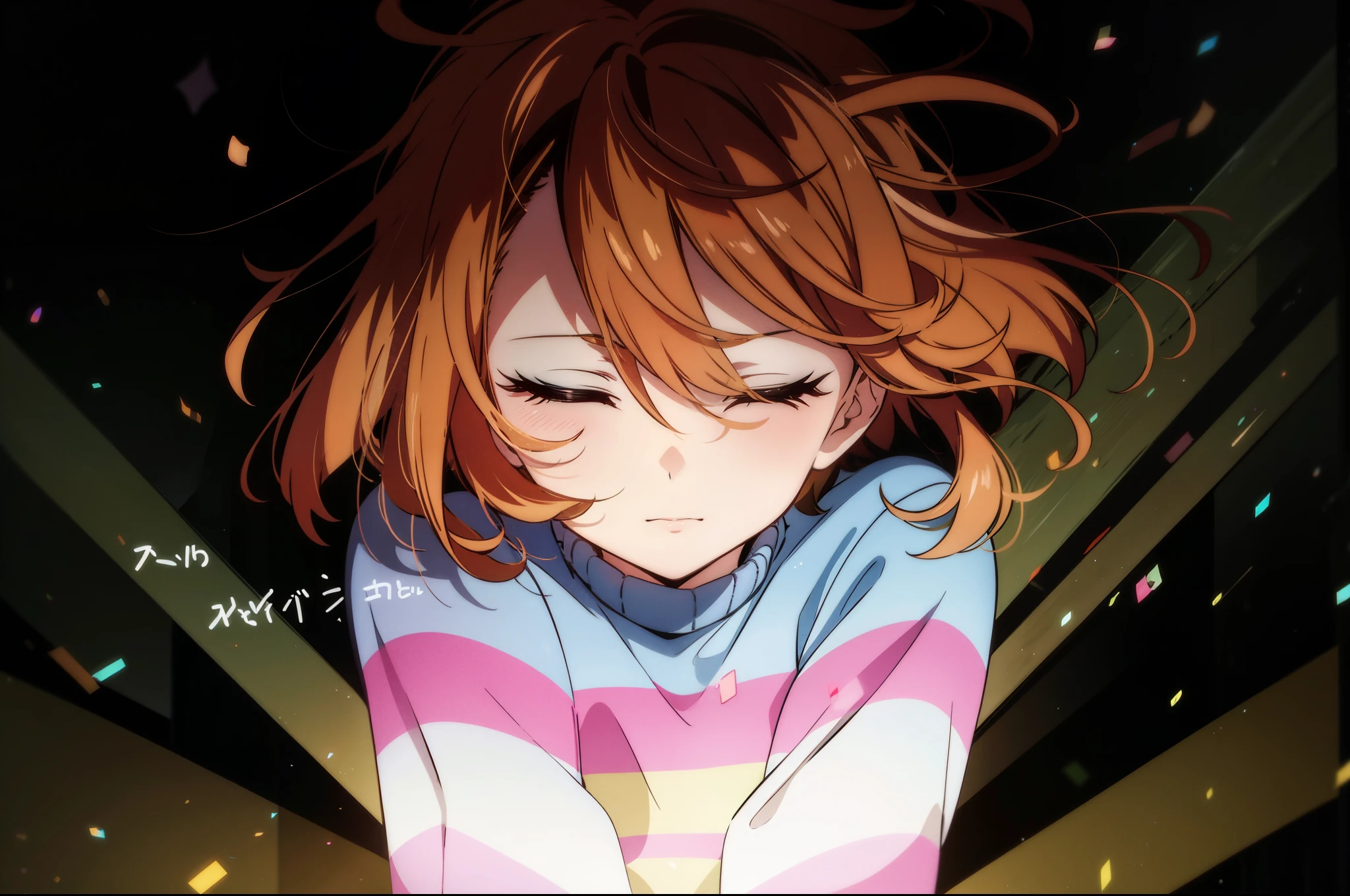 {{Masterpiece}},best quality, highres,1girl,short hair,sweater dark and light blue striped ,Frisk,close eyes narrow,undertale,beautiful,awkward,holding light down,reflection effect, determination intense