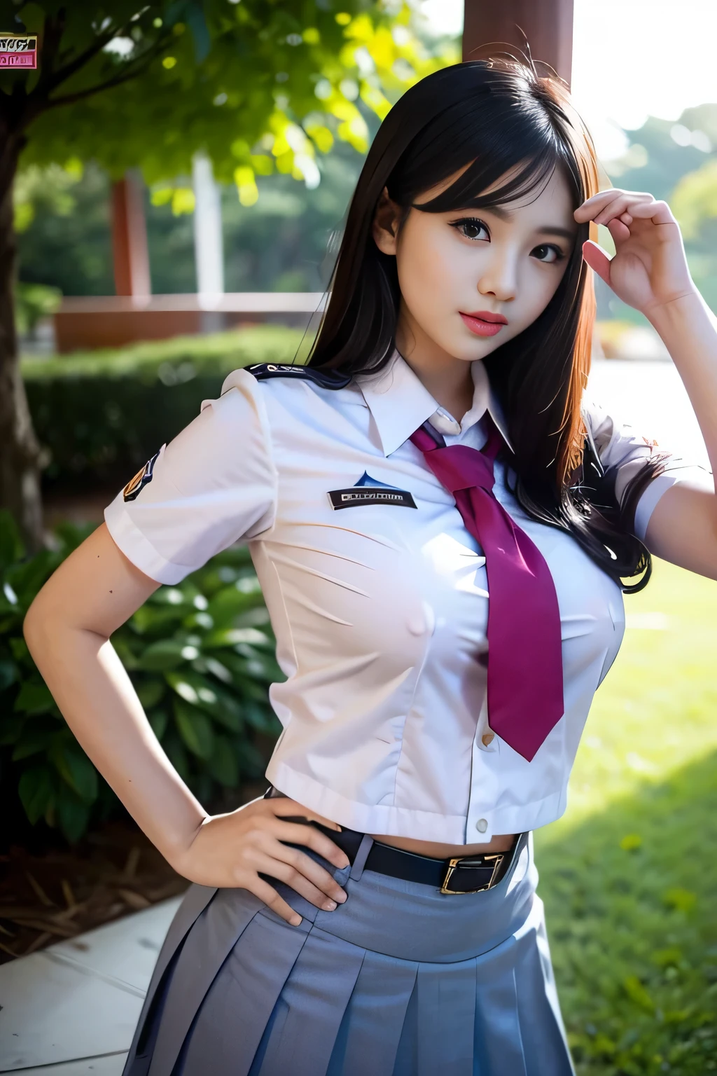 Beauty Indonesian woman in student uniform, beauty big breast, show pubic hairs, vivid colors, bokeh