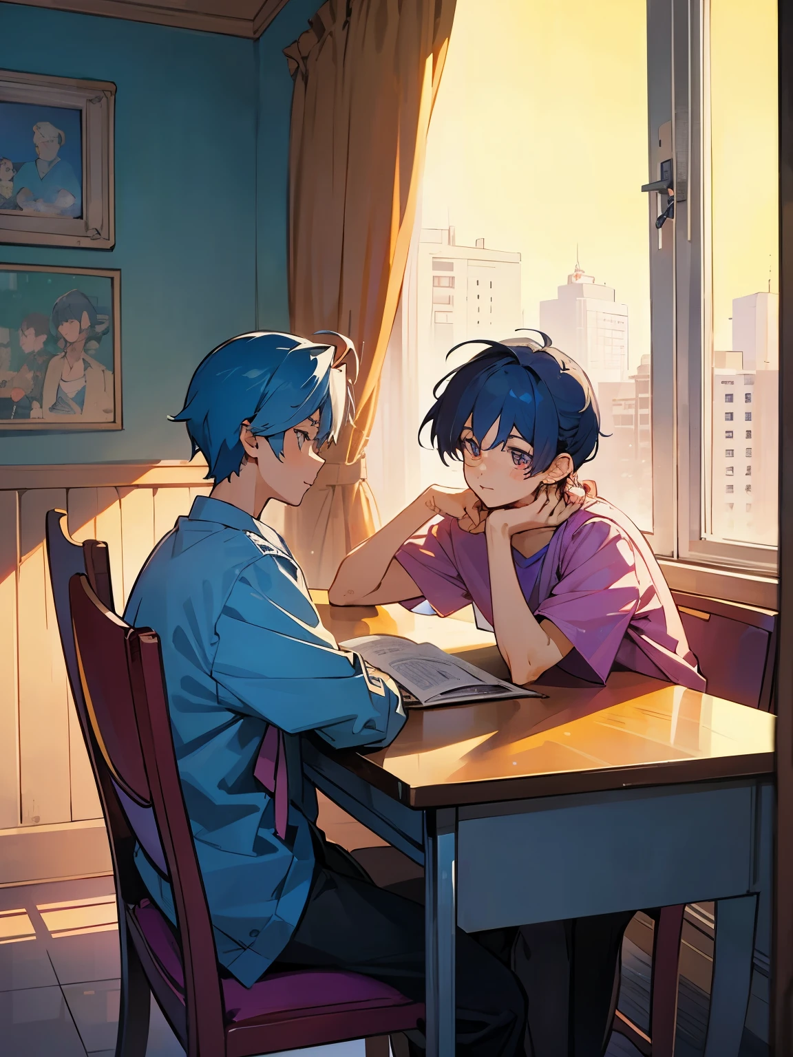cartoon of two boys sitting at a table with a book and a backpack, ddlc, in the art style of 8 0 s anime, 9 0 s anime style, 90s anime style, in anime style, in an anime style, anime aesthetic, anime vibes, 9 0 s anime aesthetic, 9 0 s anime art style, lofi boy, typical anime classroom, beautiful background window, two cute boys, beautiful faces