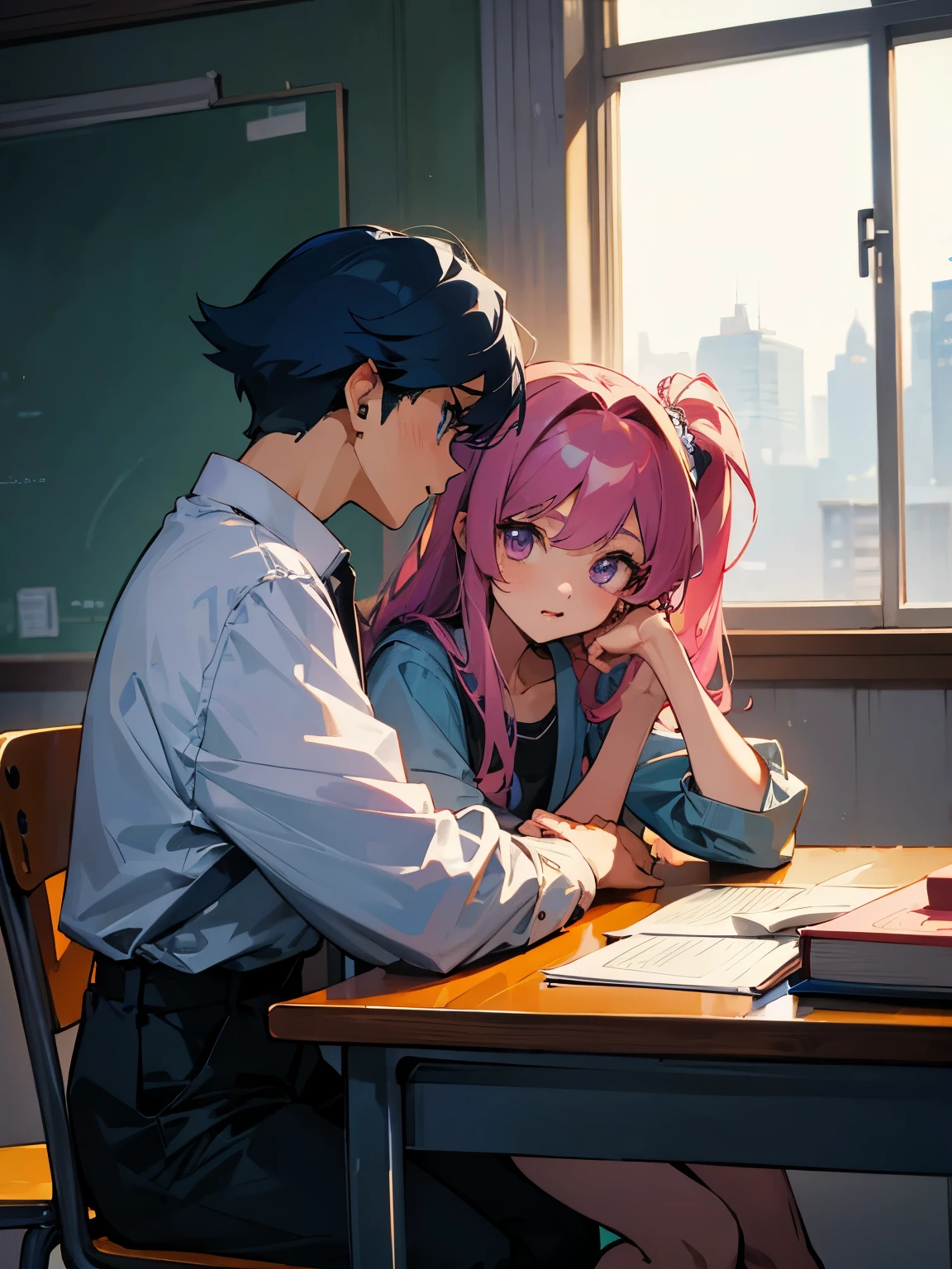 cartoon of two boys sitting at a table with a book and a backpack, ddlc, in the art style of 8 0 s anime, 9 0 s anime style, 90s anime style, in anime style, in an anime style, anime aesthetic, anime vibes, 9 0 s anime aesthetic, 9 0 s anime art style, lofi boy, typical anime classroom, beautiful background window, two cute boys, beautiful faces