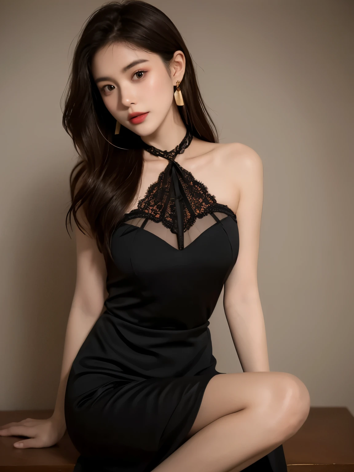8K, original photo, Fujifilm, Stylized photo of a beautiful 27-year-old woman, square face, Hang a red rose around your neck, Wearing a black lace transparent nightgown,not wearing underwear,Pair it with black lace, gold earrings, As powerful as a spinning dove, (highly refined skin: 1.2), medium brown hair with lights, film grain, 35mm, cute style