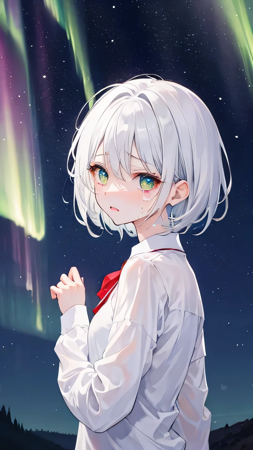girl,silvery white short hair,Golden pupil,white shirt,cry,Only the upper body is visible,Look back at me,Under the starry sky,aurora