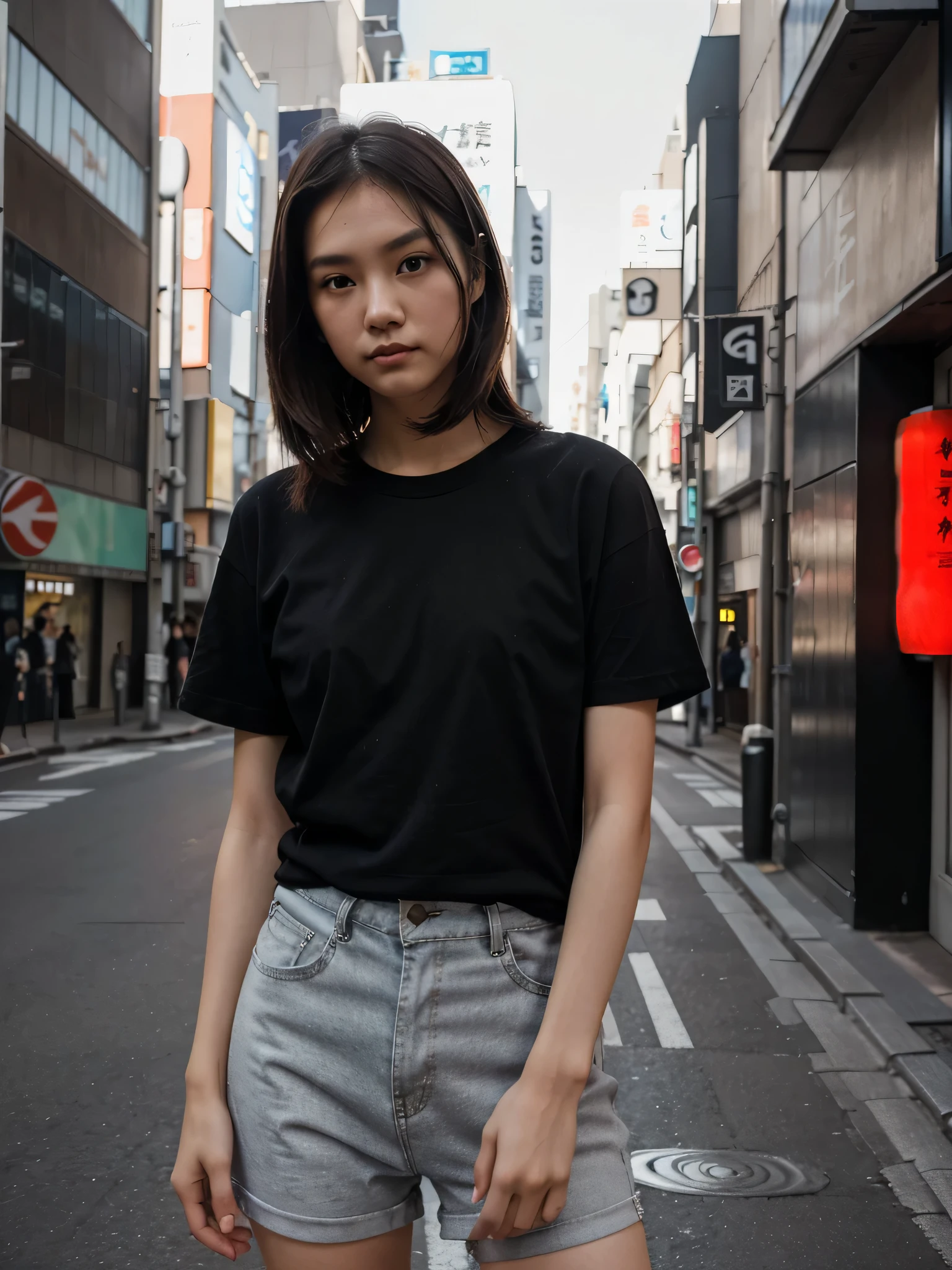 Girl wearing black plain t shirt blank standing in tokyo street, lookbook streetwear style, Please ensure that the t-shirt is completely blank with no logos, text, or designs, so please keep the design simple and clean.21th years old asian female For the model ,approximately 6 feet tall, short brown hair, little sweat smile , half front portraits
