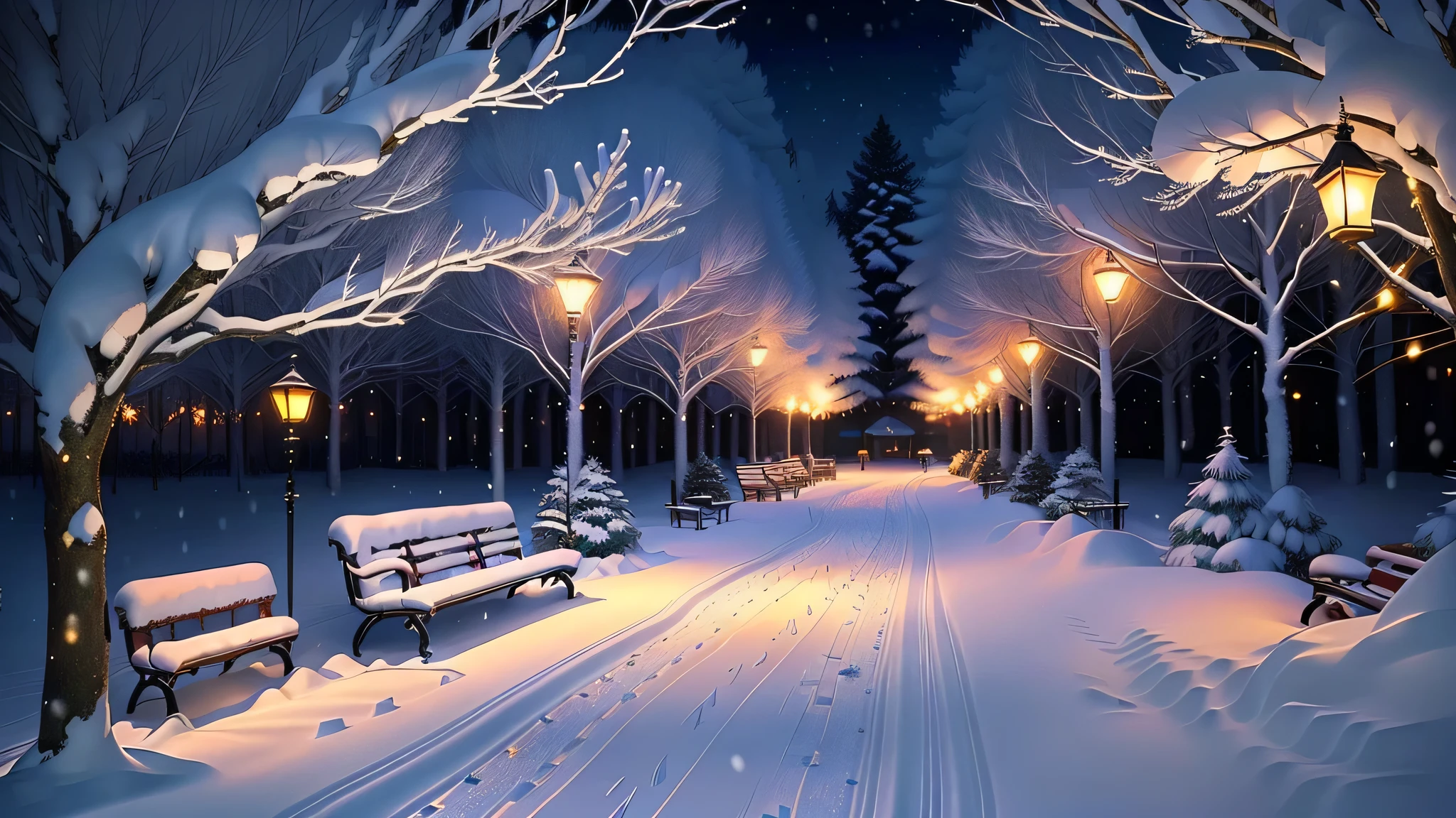 snowy path with benches and string lights in a park, snowy winter christmas night, light snowfall, cozy lights, winter setting, beautiful winter area, snowy night, snowfall at night, snowy winter scene, winter scene fantasy, winter wonderland, cosy enchanted scene, winter night, fairy lights, snowy winter, winter atmosphere, perfect lighting in a snow storm, glowing snow, cozy setting