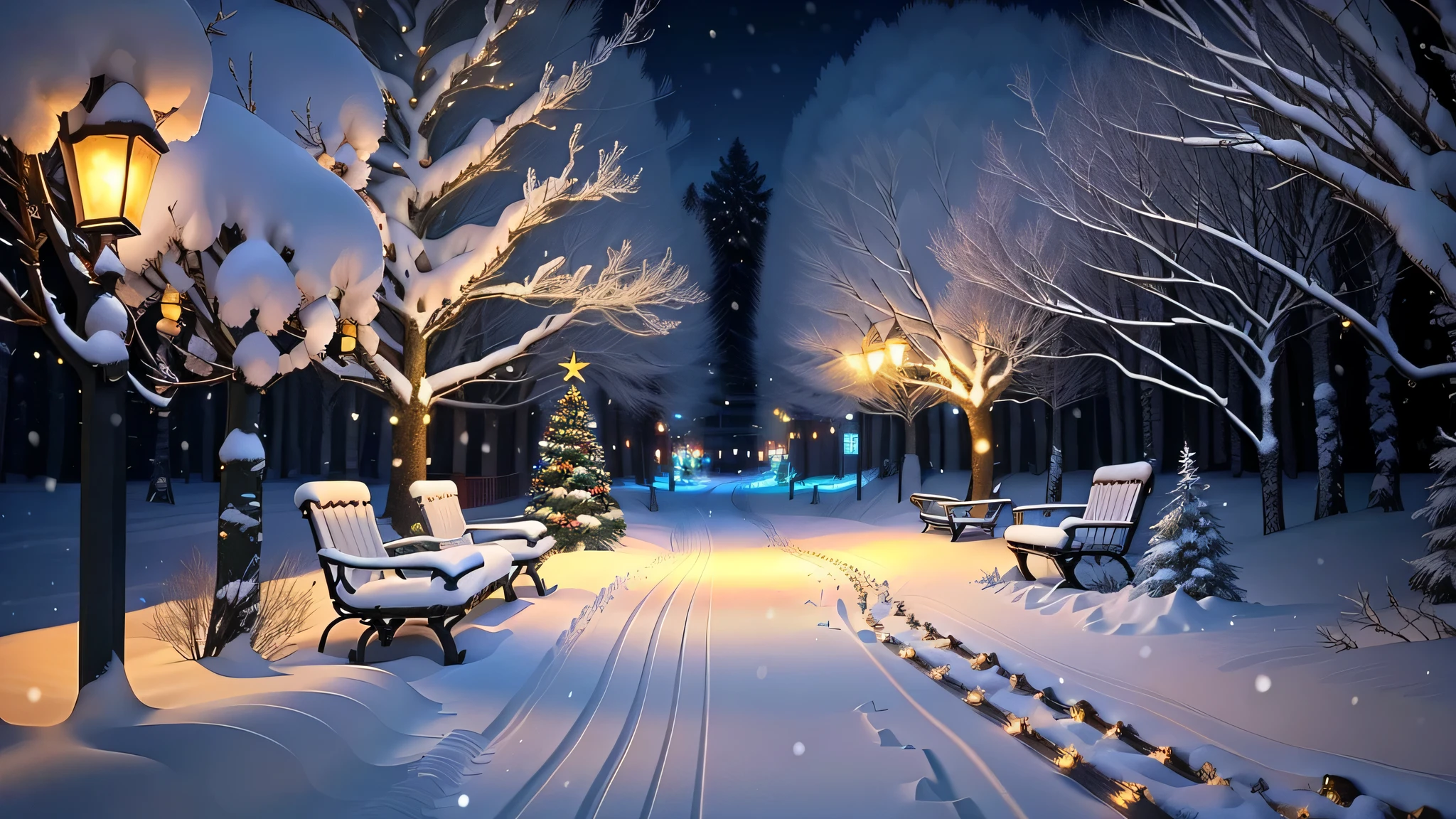 snowy path with benches and string lights in a park, snowy winter christmas night, light snowfall, cozy lights, winter setting, beautiful winter area, snowy night, snowfall at night, snowy winter scene, winter scene fantasy, winter wonderland, cosy enchanted scene, winter night, fairy lights, snowy winter, winter atmosphere, perfect lighting in a snow storm, glowing snow, cozy setting