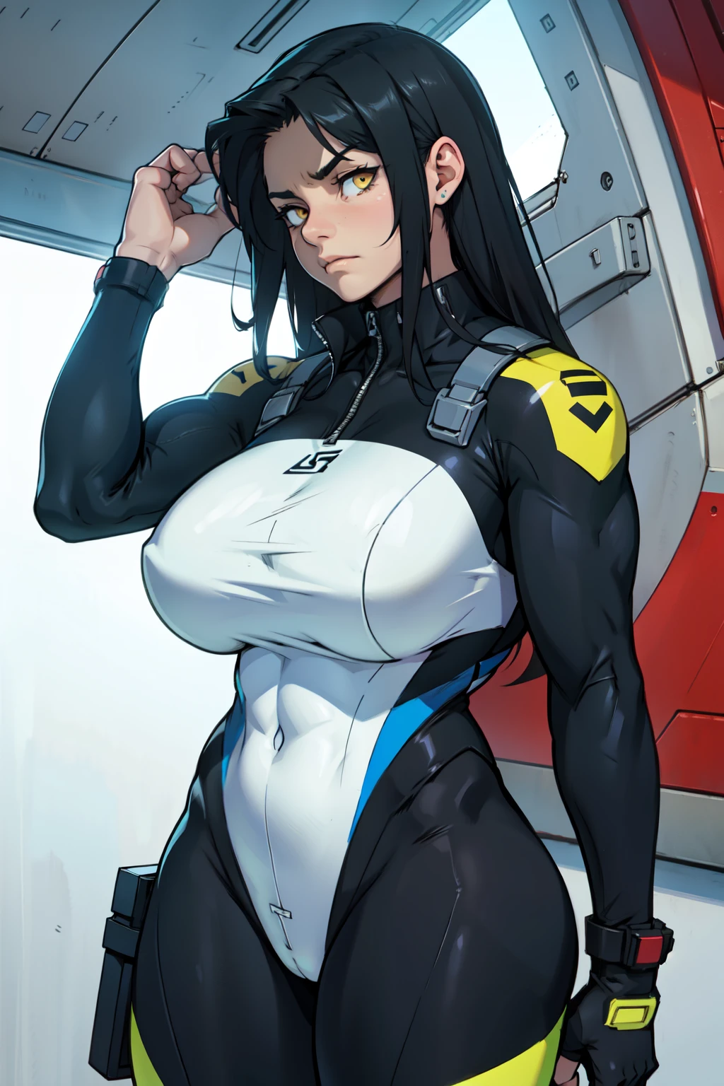 huge muscles huge thighs yellow eyes black hair pale girl bodysuit pilot suit skintight sad frown huge breasts very long hair