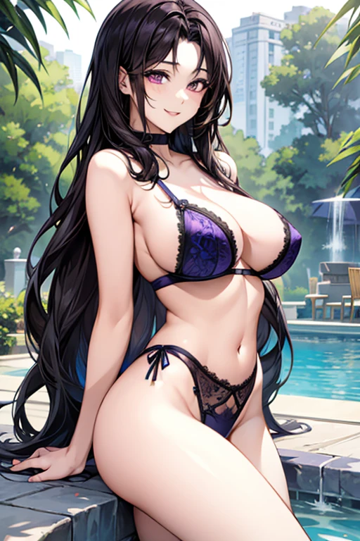 Black hair, long hair, purple eyes, sexy, large breasts, beautiful body, masterpiece, smile, ((blue lingerie)), sexy lingerie, hotel swimming pool,busty, buxom, curvy, voluptuous