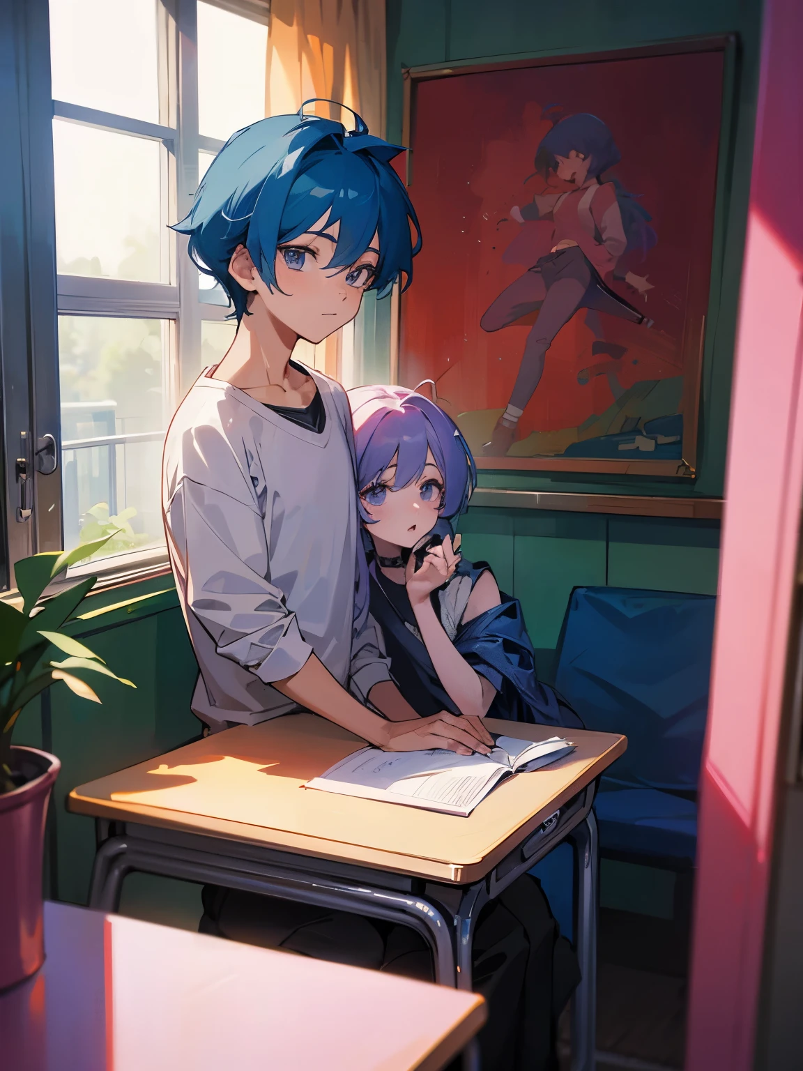 adolescent male, dark blue hair blushing while nervous with books in hand at a school