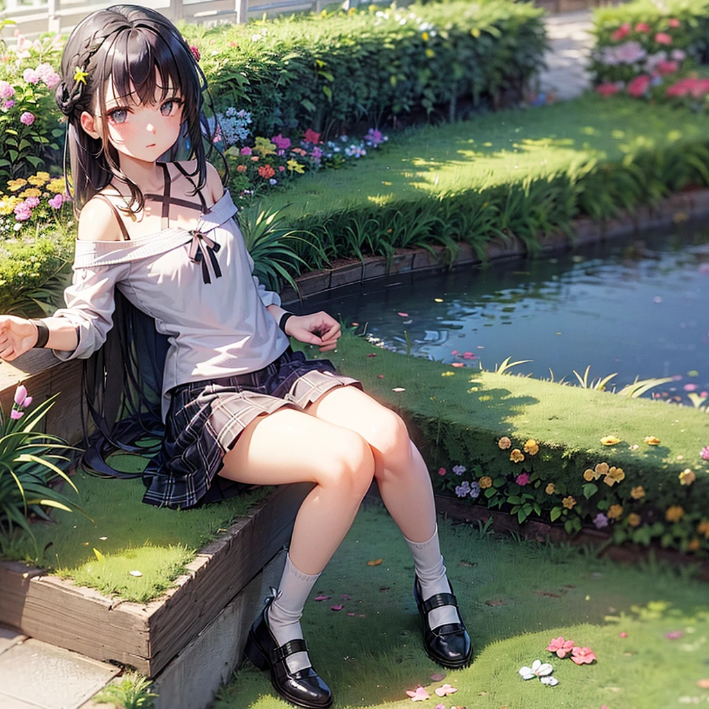 flat chest,garden,,city,bridge,black hair,gingham Black skirt,knee socks、hairpin,off shoulder、Braid、ribbon、sit、From above