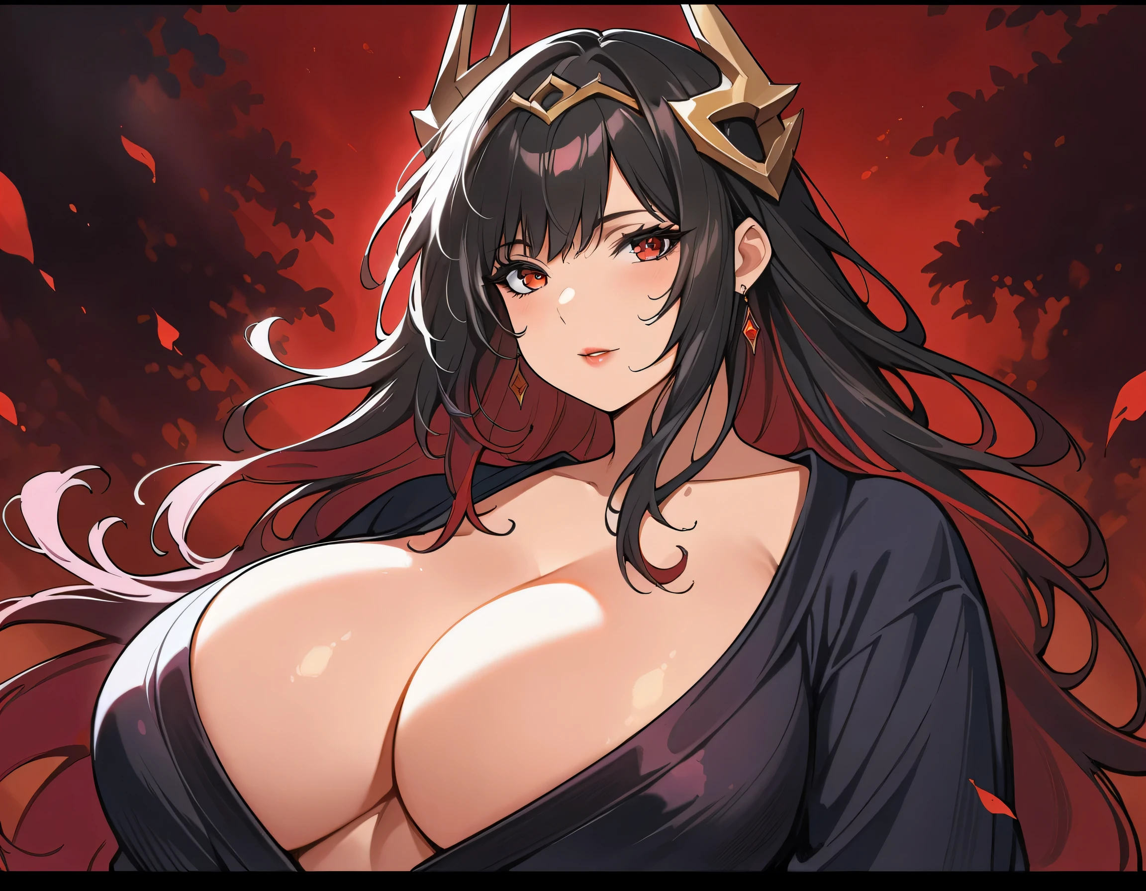 (8K,High resolution,masterpiece:1.2),actual,devil girl,red corner,beautiful and delicate eyes,Beautiful and delicate lips,Extremely detailed eyes and face,long eyelashes,Sexy long black hair,fiery red eyes,Wearing a dark flowing robe,Floating in a misty forest under the moonlight,A clever fusion of traditional oil painting and digital art,evoke a sense of mystery and,Perfectly capturing the beauty and darkness of the Enchantress,yukata,(perfect_face:1.5),plump figure,thick_thighs,Upper body