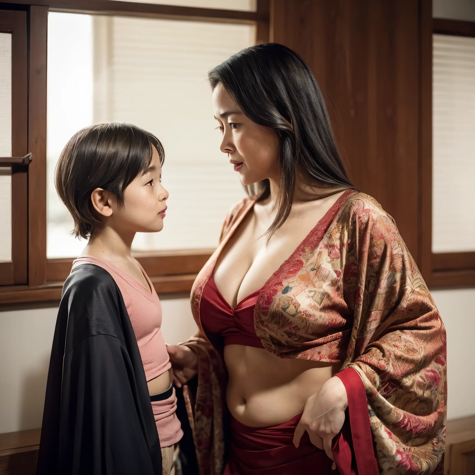 A Japanese mother, in her late 30s, with voluptuous curves and large breasts, is involved in an unexpected situation with her son. The scene takes place in a dimly lit room, with soft natural light filtering in from the window. Her hair, once sleek and straight, is now slightly disheveled, framing her beautifully aged face. Her kimono, once a vibrant red, is now loosened and revealed a hint of her toned midriff. Her son, looking equally surprised, is standing before her, his eyes wide with a mixture of confusion and curiosity. The air between them is thick with tension, and their gazes lock, creating an unspoken connection.