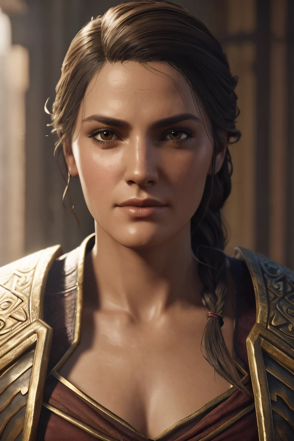 extremely detailed Kassandra Assassin's Creed Universe,Detailed Lips, Detailed Eyes, detailed eyelashes, detailed face, textured skin, super detail lighting, mid body shot,