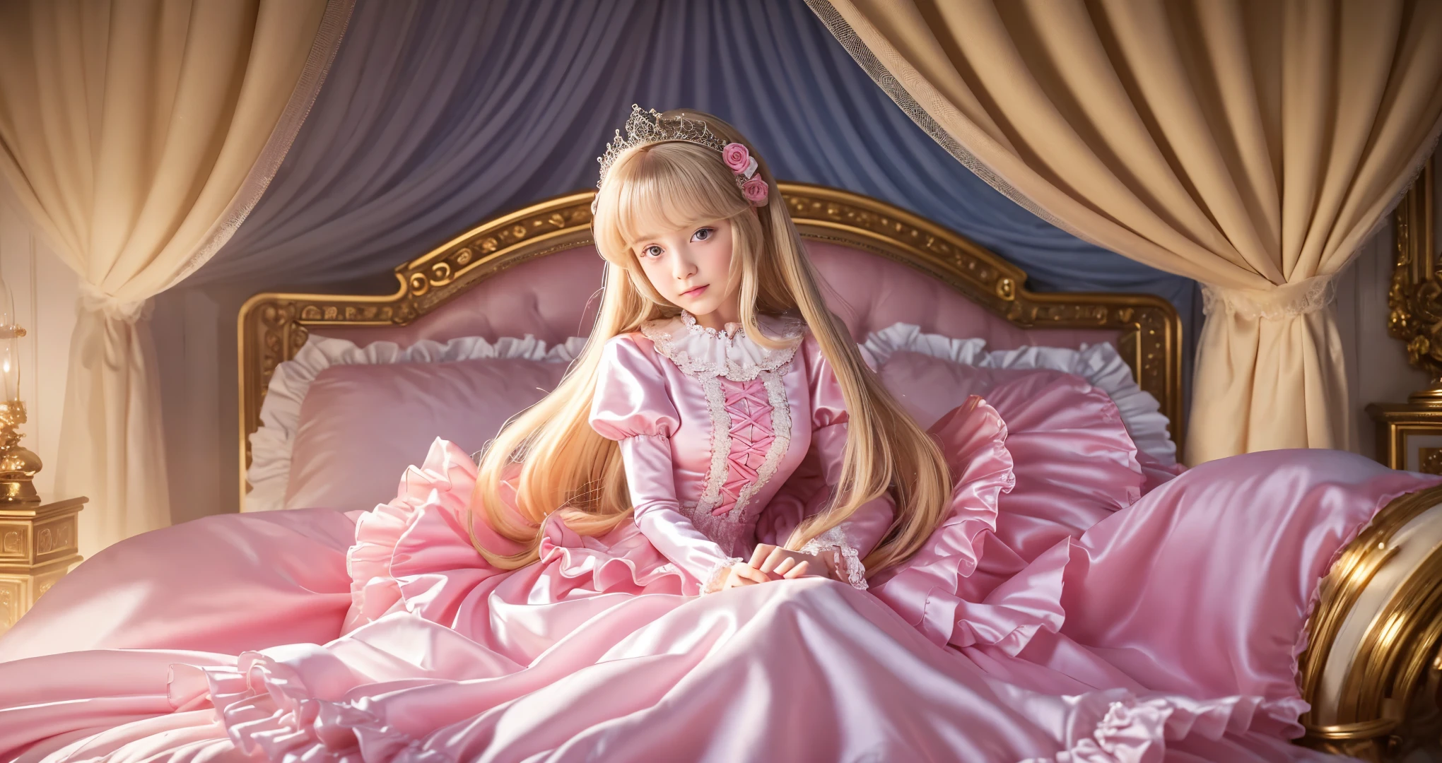 ,highest quality, masterpiece, highest resolution, artwork, super それにget used to it, many get used to it, get used to it, それにget used to it, 3K realistic photos,,(()),Super detailed baby face,both are princailed luxury tiara,Full length ball gown dress with hoop skirt,ruffled yoke collar,Detailed braided ribbon on chest,puff sleeves,long sleeve,((Lolita style hot pink detailed princess satin dress、Comes with lots of frills and ribbons。)),crazy'colorful fashion,shiny silk satin dress,soft and smooth silk satin fabric,luxury,Very long blonde hair,blue eyes,white skin european,pajamas,((inside the palace)),Princess dancing happily,gorgeous flowing dress,fine white frills and lace,Super long hair that is as tall as your body,white long socks,drawers with lots of frills,castle bedroom at night,Super long flowing hair,on the bed,豪華な天蓋付きon the bed,巨大な広いon the bed,Pink pillow with lots of frills,Silk satin pink curtains with luxurious ruffles and ribbons surround the bed,princess sitting on bed,Pillows piled up behind the princess,A princess leaning back on a pile of pillows,Long hair scattered like a fan on the bed,