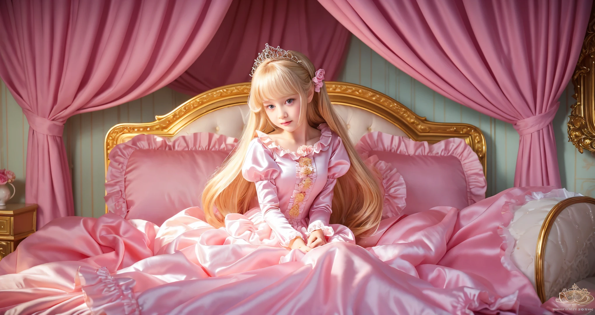 ,highest quality, masterpiece, highest resolution, artwork, super それにget used to it, many get used to it, get used to it, それにget used to it, 3K ultra-high resolution realistic photos,,(( When I was )),Super detailed baby face,She is a princess,Full length ball gown dress with hoop skirt,ruffled yoke collar,puff sleeves,long sleeve,((lolita style pink princess satin dress、Comes with lots of frills and ribbons。)),colorful rococo fashion,shiny satin dress,Soft and smooth fabric,luxury,long blonde hair,blue eyes,white skin european,pajamas,((inside the palace)),,,(( When I was 10 years old)),Sd baby face,Full length ball gown dress with hoop skirt,long skirt,ruffled yoke collar,puff sleeves,腰まで伸びるlong blonde hair,blue eyes,white skin european,pajamas,((Inside the castle bedroom)),ピンクのシルクサテンのluxuryなcanopy bedの上,canopy bed,luxurious curtains under the canopy,many pink frilly pillows on the bed,super detailed background,detailed bed,silk satin bed sheets,soft pink silk satin comforter,pink soft silk satin ruffled pillow,little princess is sitting on the bed,((((large ball gown dresses that completely cover the legs)))),((((legs are hidden in the dress,Don'Don'Don't put your feet out to the side)))),Beautiful girl illustration,detailed beautiful face detailed hair,detailed human eye ,detailed mouth, arm details,fine hands,Detailed pillow,A pile of frilly pillows behind the girl,
