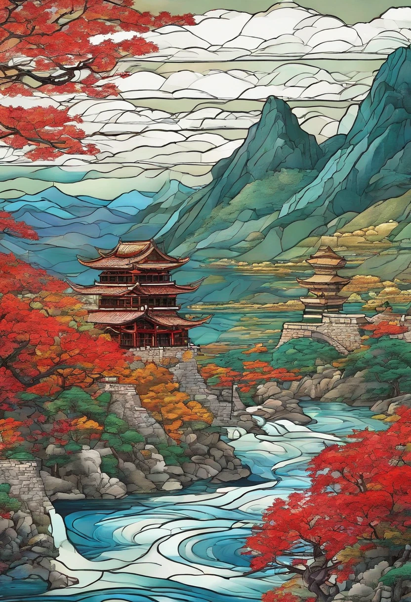 Best Quality, style of hokusai, Ink style，The Great Wall stretches between mountains and rivers