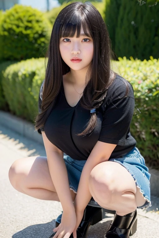 (highest quality, 8K, masterpiece ),12 year old junior high school student, bangs、casual hairstyles、round face、black hair,big breasts、see-through shirt、mini skirt, super detailed face, double eyelid, (whole body、thighs、wearing pumps、She is squatting with her crotch spread apart and her underwear showing.)、strong natural light、