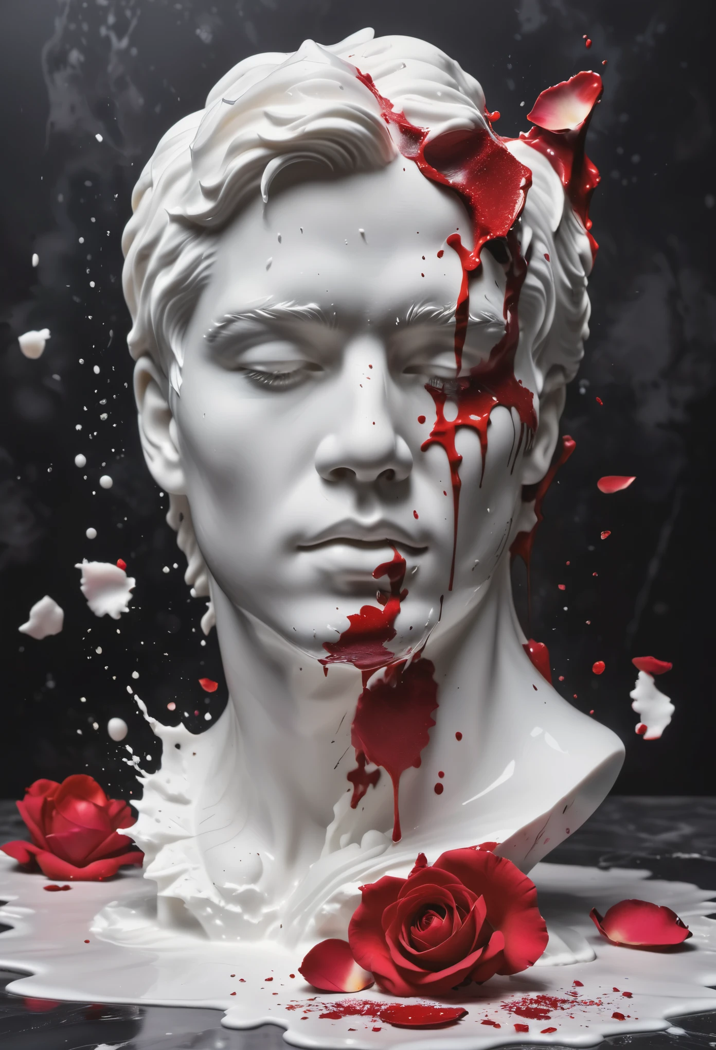 (best picture quality，4k,8k，high-definition，masterpiece:1.2)，Ultra-detailed，(lifelike，lifelike，lifelike:1.37)。splash ink，paint splattered on （3D portrait sculpture，Pure white sculpture，marble sculpture，broken，Red tears，Close eyes，Head up，Put a seal on your mouth），（Still life table setting，Dark background cloth，Rose petals scattered on the countertop），Mess