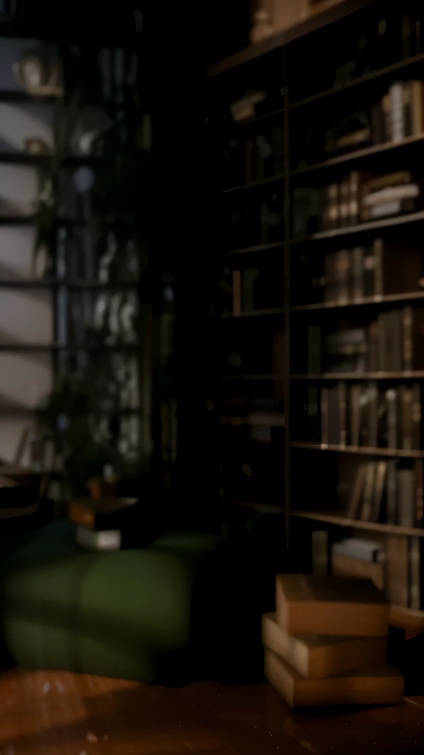 There is a cat sitting on a chair in the room, alchemist library background, library background, tilt shift library background, blurry background of the library, library interior background, gloomy library, dusty library, personal room background, magical library bokeh, in a gloomy library, some background blur, Realistic cinematic rendering, dark library, Detailed architectural visualization renderings, background = library