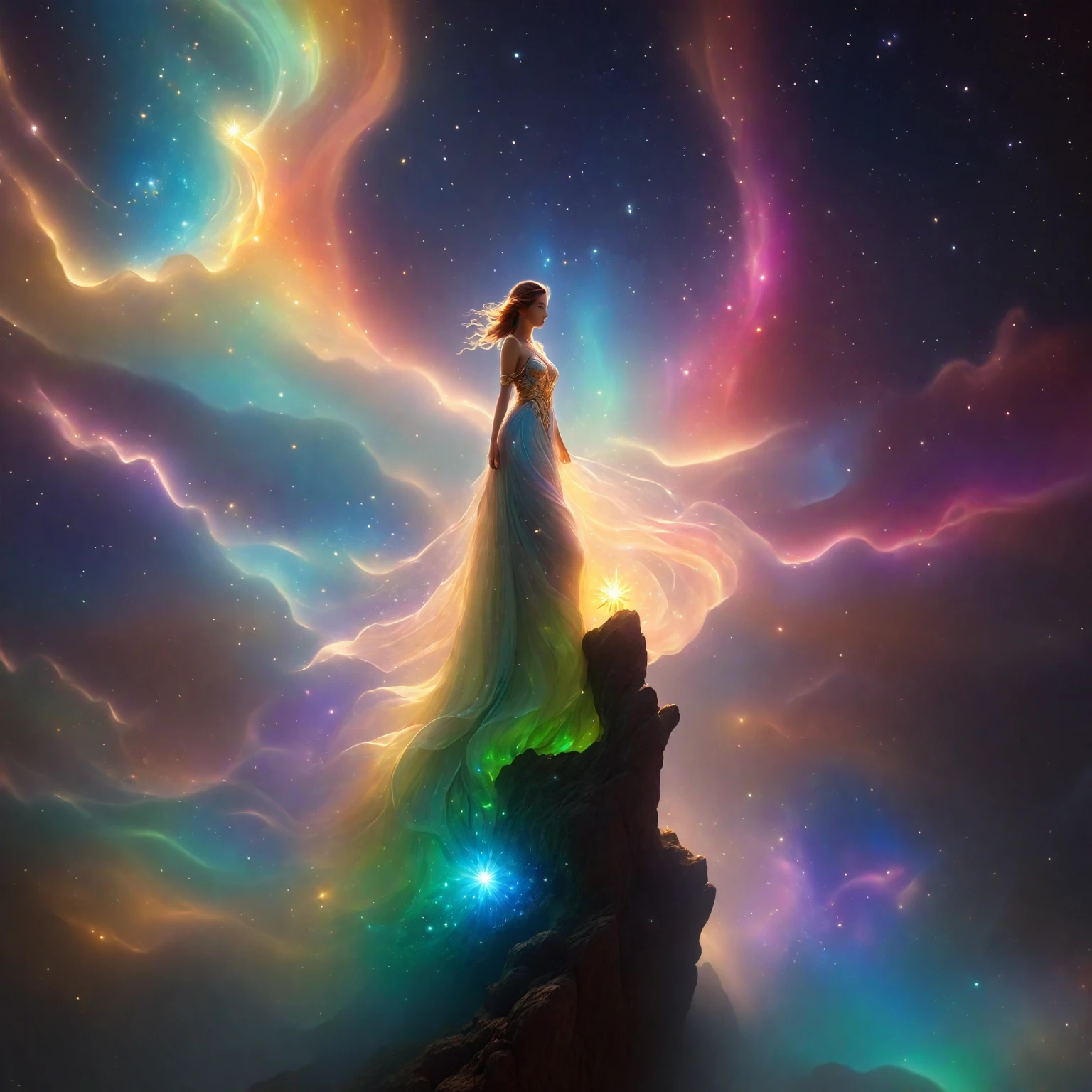 1 girl,  (3D sculpture，A woman in a long dress stands on a cliff looking at the stars, space goddess, galaxy goddess, goddess in heaven, Astral ethereal, Dreamy, Beautiful celestial mage, beautiful fantasy painting, beautiful fantasy art, Ethereal fantasy, very beautiful fantasy art, digital art fantasy, Charming and otherworldly, fantasy beauty, Beautiful Art Ultra HD 4K Presented by Octane，Volumetric light，natural soft light，), (Super exquisite:1.2, Loss of focus:1.2, Very colorful, Cinema lighting, chiaroscuro,Ray tracing), masterpiece, super rich,super detailed,8K, 3ddianshang\(style\)