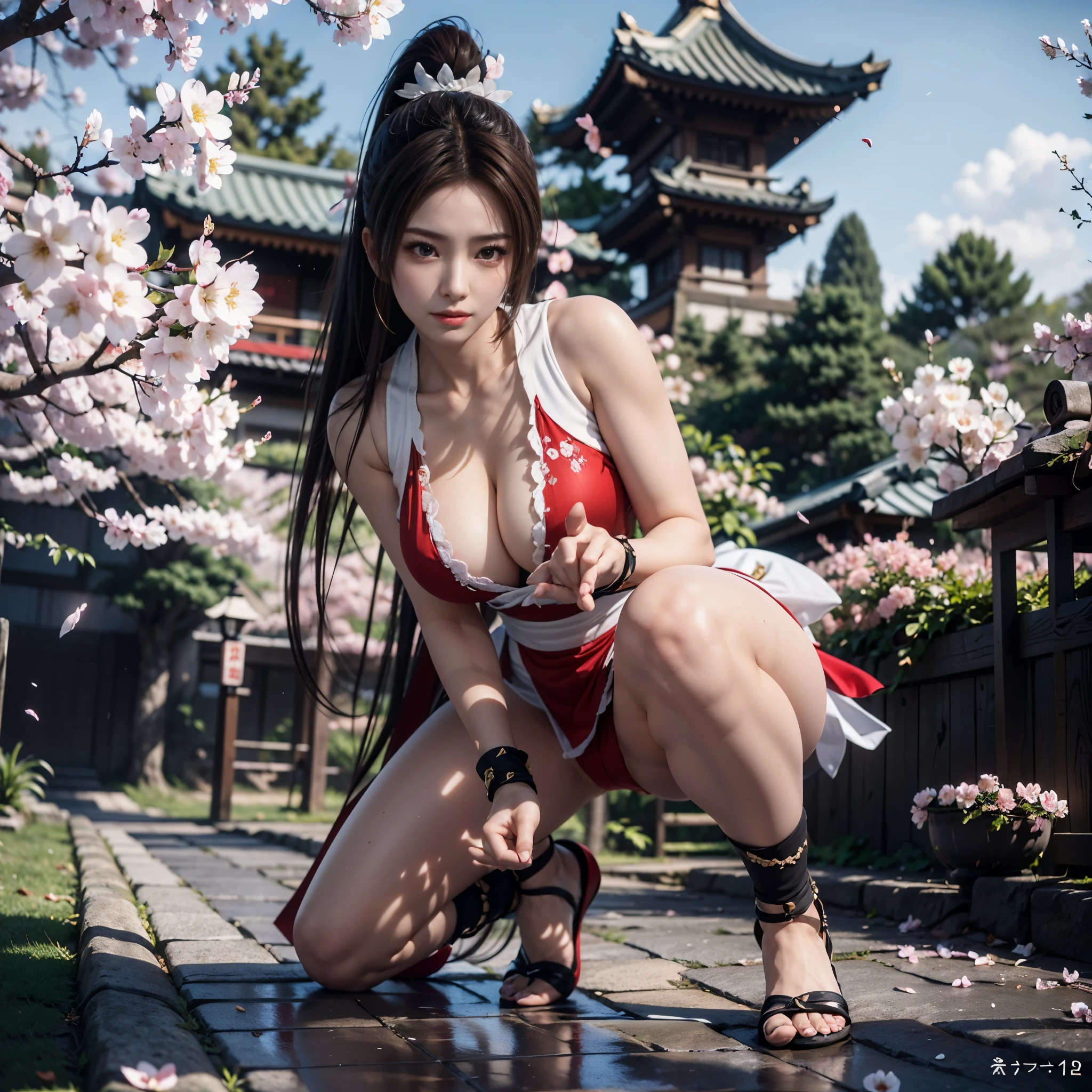 (((full body，big breasts，perfect hands，Finger details))),Under the cherry blossom trees in the spring breeze，The red fighting uniform worn by Mai Shiranui，The posture is sturdy and elegant。Her long hair is flowing with the wind，A few strands of hair caressing my cheeks，Adding a touch of softness to her resolute face。Her eyes were firm and deep，Seems to be able to discern the weaknesses of all opponents。 Her hands were clenched into fists，It seems to be simulating the movements of fighting.，Every movement is smooth and powerful，It's full of action。Her body rotates slightly with the changes in movements，As if in a fierce battle with an invisible opponent。 Petals falling from the surrounding cherry blossom trees，A sharp contrast to Mai Shiranui&#39;s red fighting uniform.，Adds a bit of a beautiful atmosphere。Petals flutter lightly in the air，As if applauding Mai Shiranui’s fighting skills。 整幅画面It's full of action与唯美，It not only shows the strength and tenacity of Mai Shiranui as a fighter，It also reflects her gentleness and tranquility under the cherry tree。This kind of picture makes people feel like they are in a world full of poetry and power.。