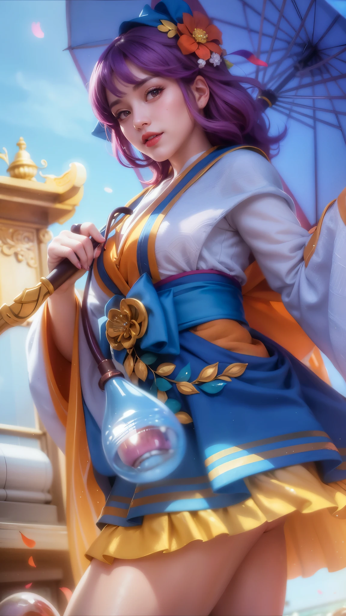 girl with purple hair holding a umbrella, red lips glossy, 8k, ultra hd, ultra detailed texture, hyper realistic, masterpiece, detailed texture, detailed face, detailed skin, detailed lighting, (photorealistic:1.5), best quality, beautiful lighting, cinematic lighting, professional lighting, ultra highres, realistic, detailed hair, real hair, high quality, (realskin:1.5), extremely detailed, finely detail, ultra-detailed, smile, purple eyes