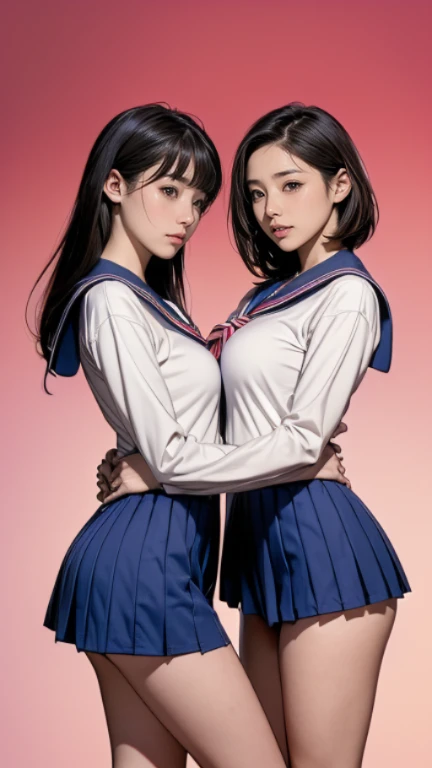 (2 girls, 15 years old, same height :1.2) ,Front view,  couple focus ,    japanese girl ,  (smile:0.7), stand next to each other ,  (((No panties)))、Upper body, please reconsider、 ((Super short sailor suit))、 ((short sailor suit, long sleeve))、realistic butt crack, にやにやのsmile, very short hair , (high color saturation:1.0),  (highly detailed skin), (highest quality:1.0), (ultra high resolution:1.0) ,(realistic:1.0), (Super detailed:1.0), (8K, Raw photo:1.1), (((Real and beautiful breasts, You can see the lower half of the breast)))、 ((flip up your skirt))